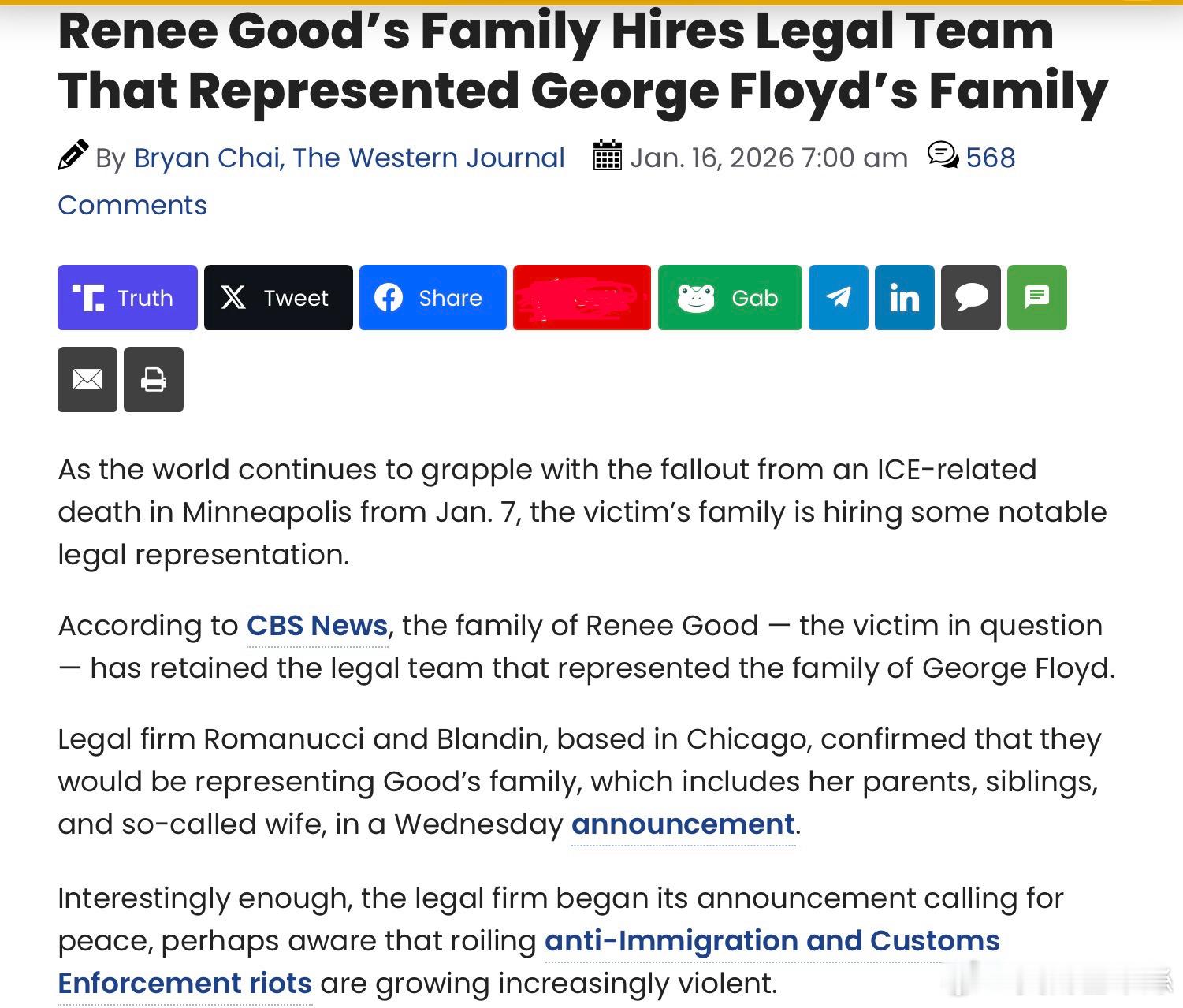 因為故意開車撞向ICE執法人員而威脅到人家的人身安全，結果被當場擊斃的Renee