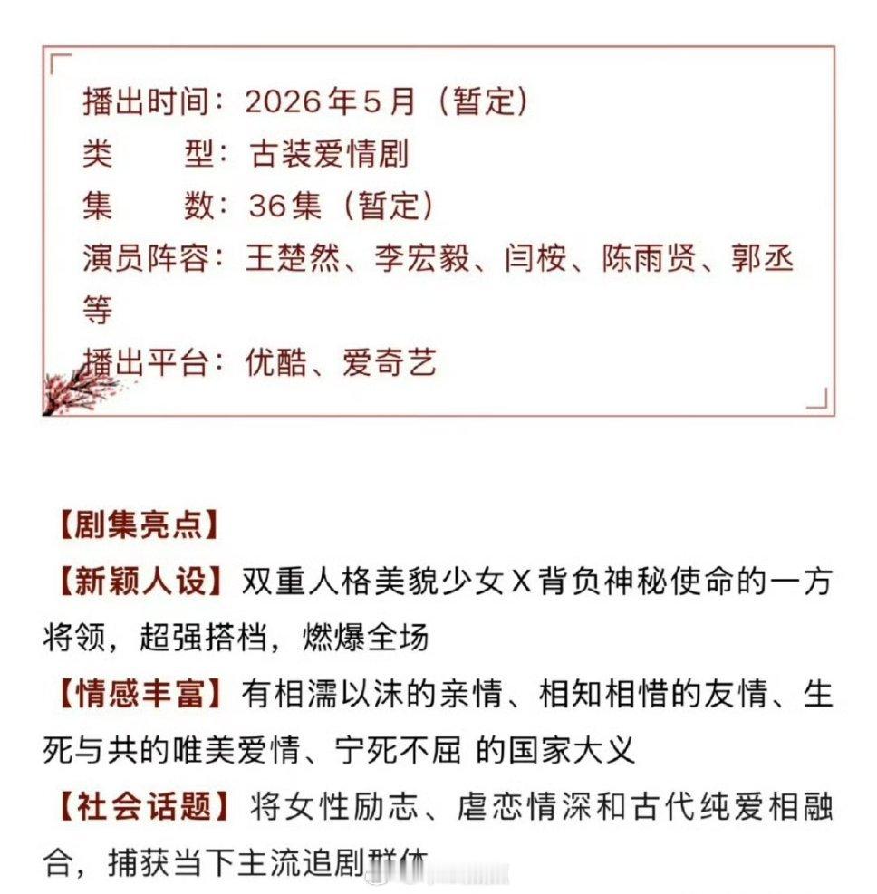 王楚然、李宏毅、闫桉《烽影燃梅香》👖开启播前招商 