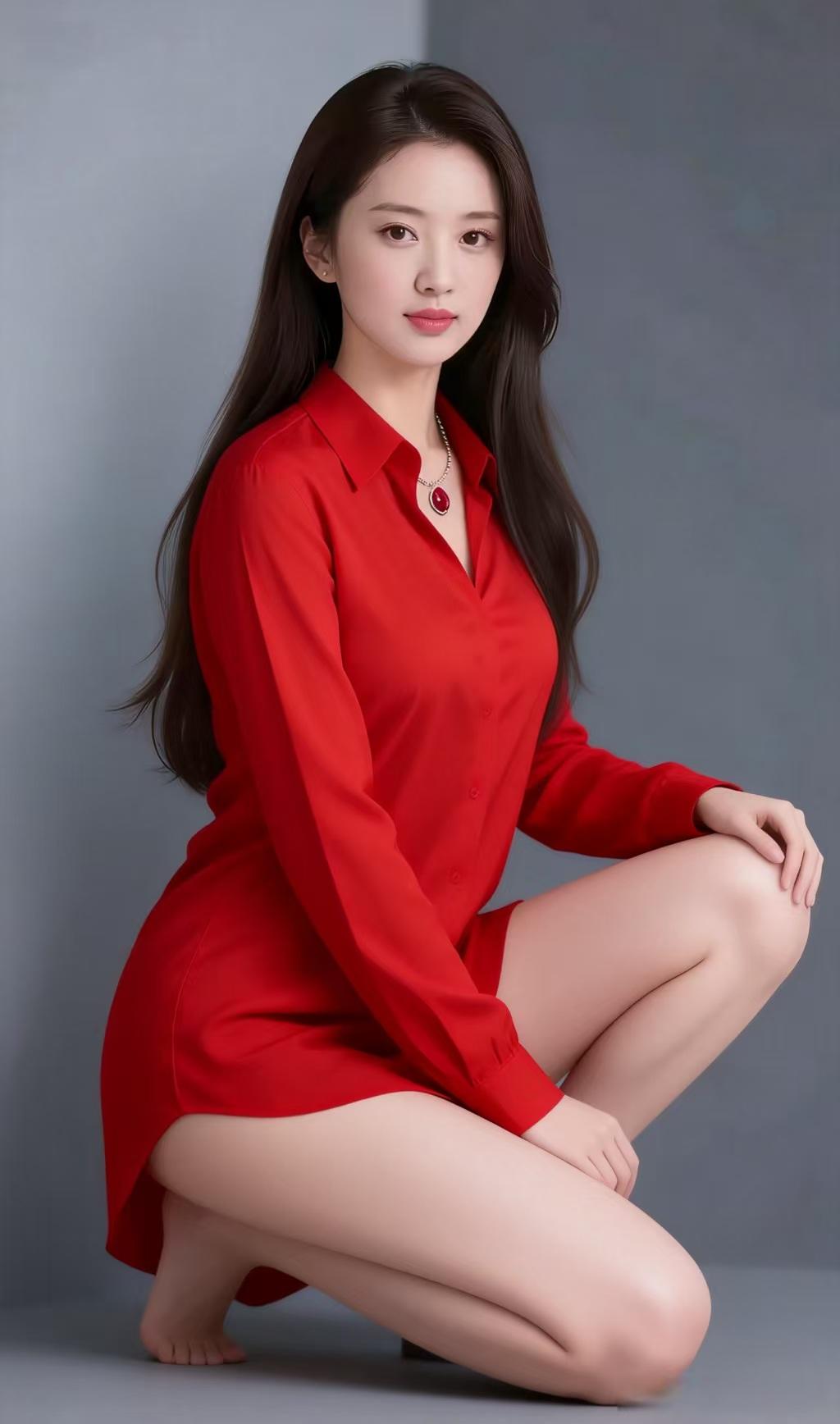 红丝如火映晴川，
笑卧风前影自翩。
折得桃花斜插鬓，
春光一半落眉间。