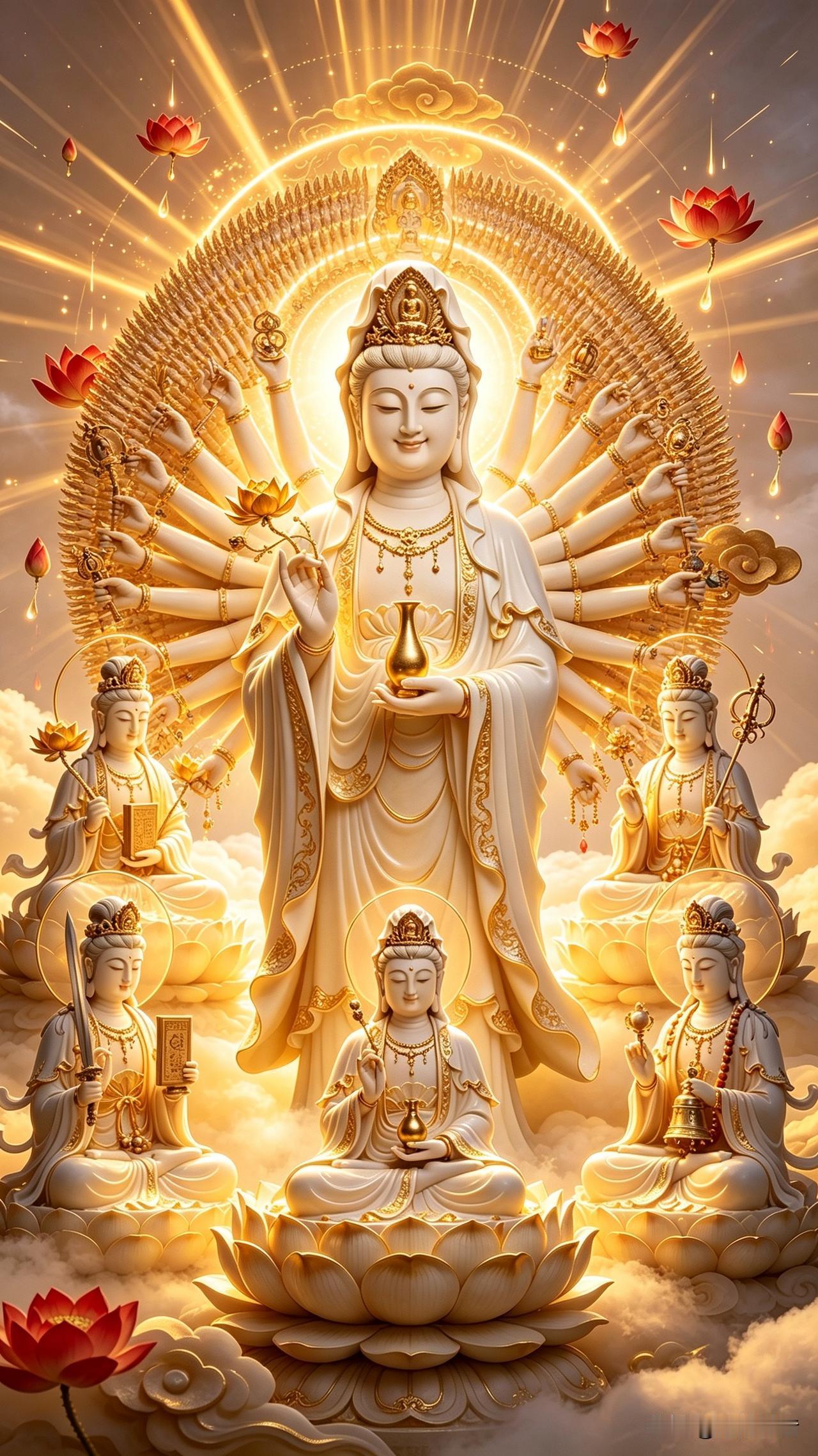 云海鎏金，瑞霭漫扬，漫天红芯莲花如雨轻轻飘落。
千手观音立于莲座之上，面容温婉慈