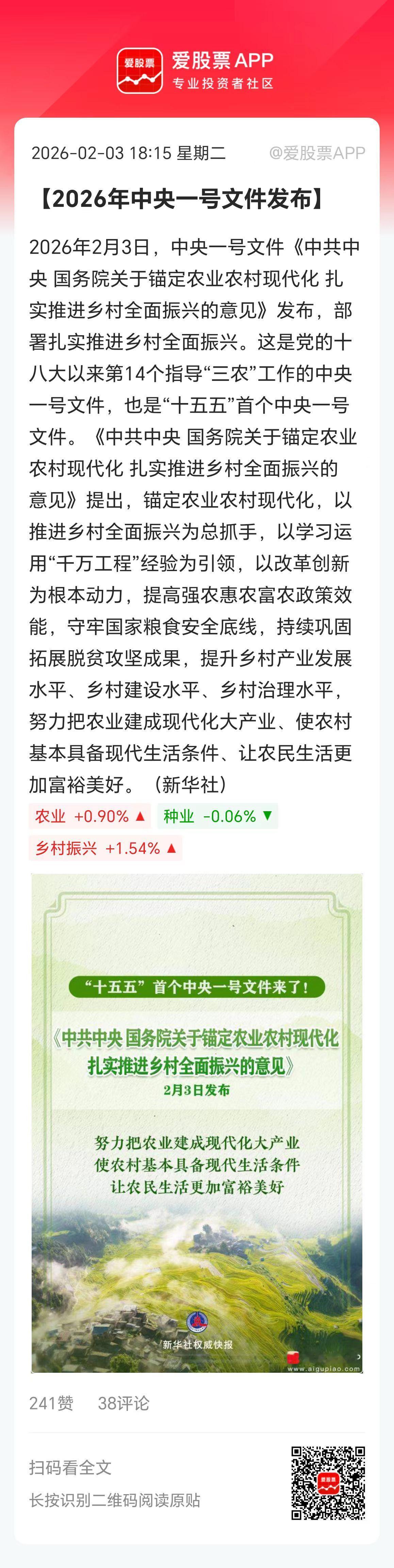 盘后一号文件来了，这个十五五首个中央一号文件，依然聚焦农业农村现代化+乡村振兴！