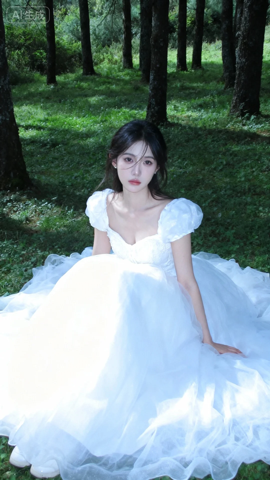 绿林，阳光绿叶，色彩饱满，生活家居精装，悠闲宁静，低调奢华，女子，坐在草地上，白