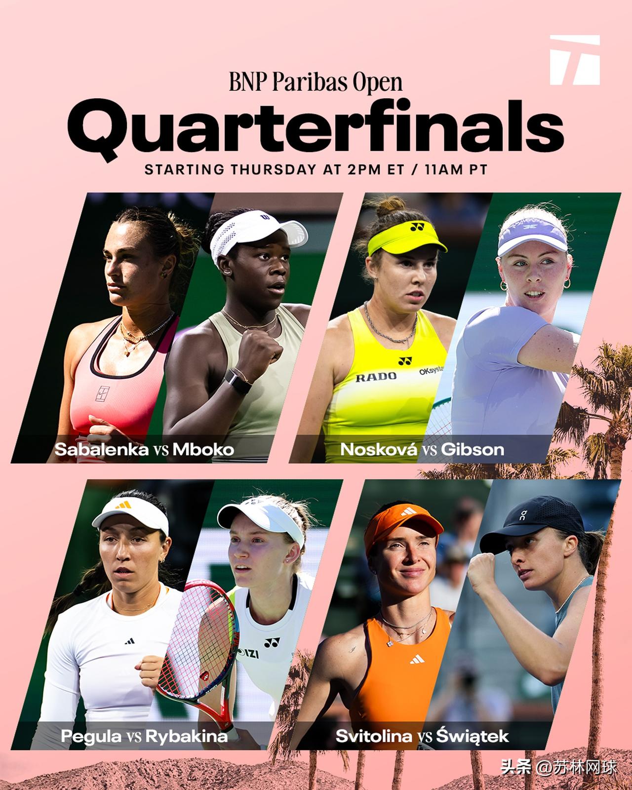 印第安维尔斯女单八强战
北京时间明天凌晨开始
2：30，🇧🇾萨巴伦卡vs姆博