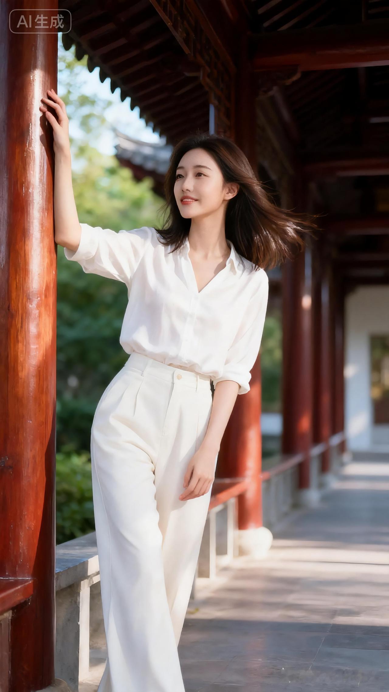 东方女子冷白皮瓜子脸，深棕中长发发丝轻扬。侧身倚木廊柱，白衣穿搭温婉松弛，侧眸望