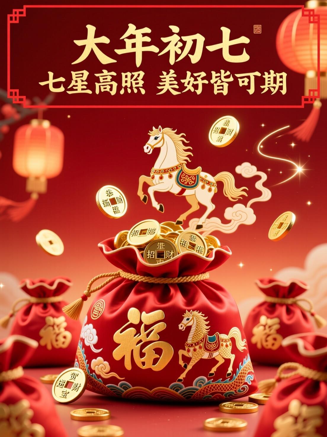 大年初七，七星高照！🧧
七福临门，万事胜意。
愿你：财源广进，事业长虹；
日进