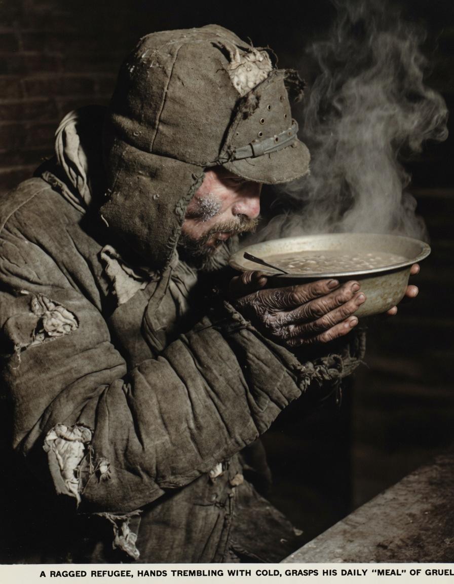 1946年，寒冬凛冽，寒风刺骨，这位衣衫褴褛的流离难民，全身裹着满是破洞的旧棉衣