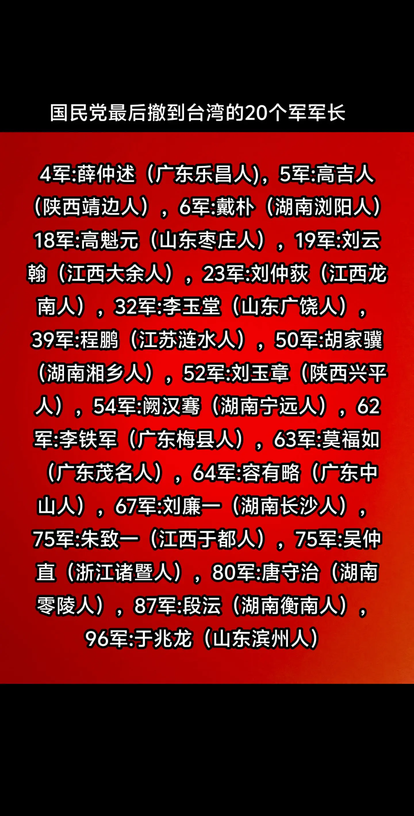 国民党军队最后败退台湾的20个军以及军长。湖南