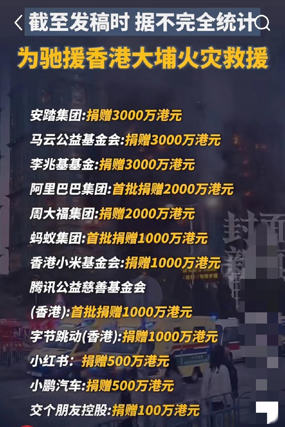 香港大火，香港富豪那叫一个不含糊，霍启刚家族捐3000万，李嘉诚直接甩出8000