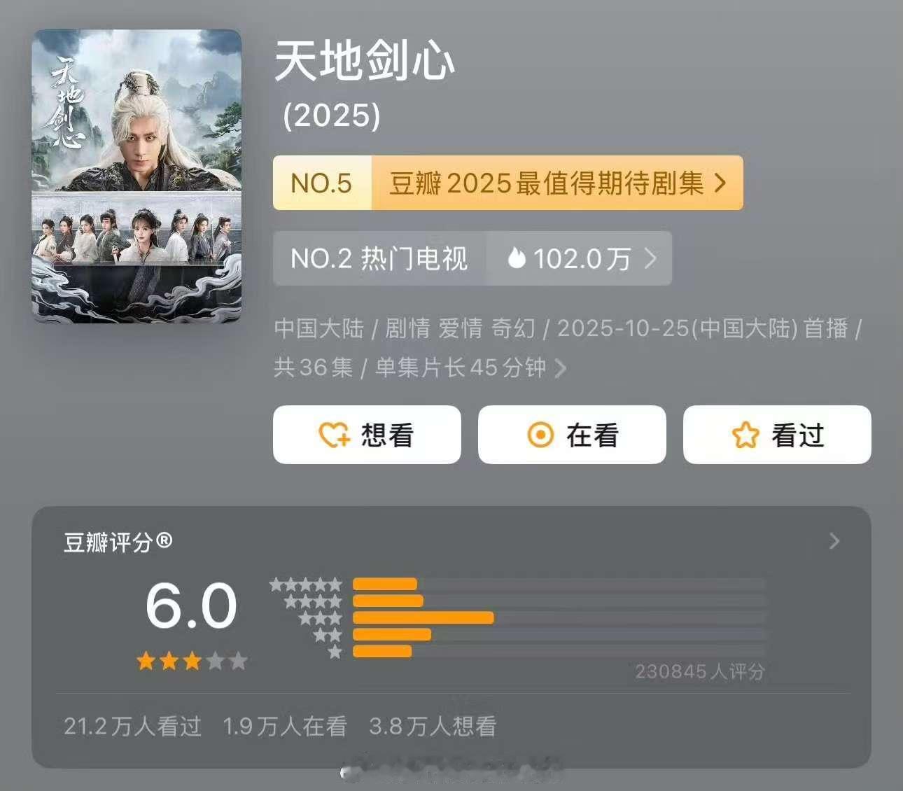 天地剑心开分6.0分天地剑心豆瓣6.0分天地剑心豆瓣6.0分，哇，[捂嘴哭][捂