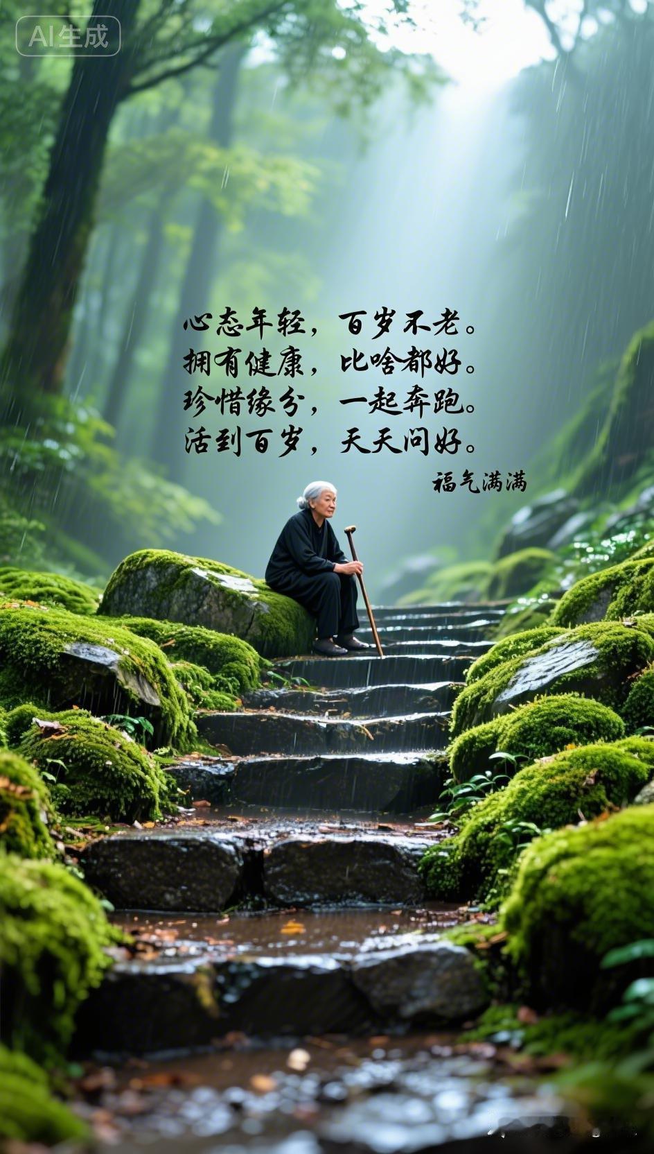 林间悟人生
细雨濛濛润古林，
青苔石径静幽深。
老翁静坐观尘世，
看淡浮华少扰心