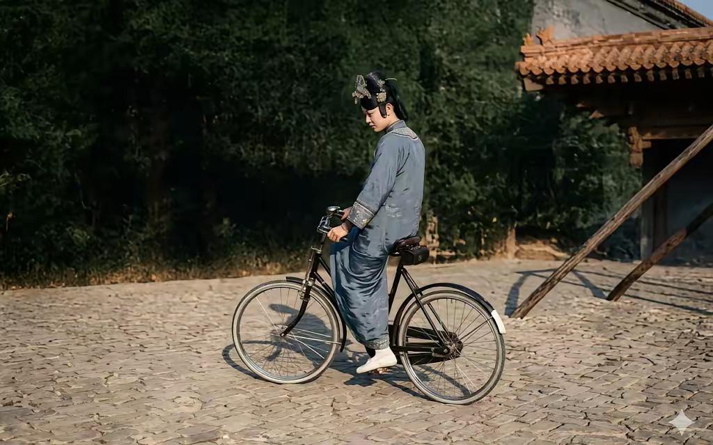 这是末代皇后婉容在紫禁城骑自行车的真实样貌，都看看吧，婉容穿着精致旗装，一双精致