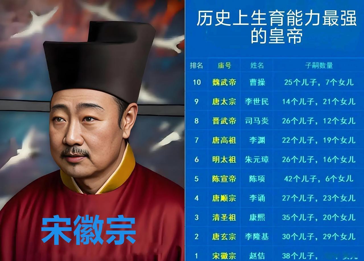 原来古代皇帝生育能力最强的皇帝是宋徽宗赵佶啊！一共生了80个儿女。
话说宋徽宗是