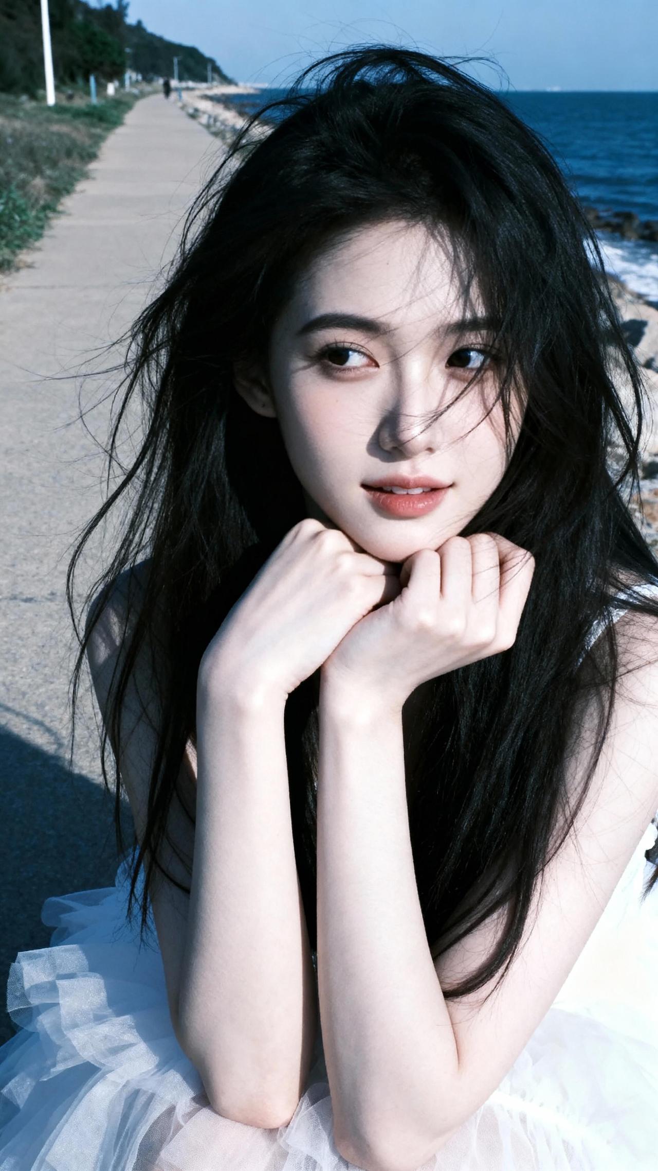 我这不一早就揣着开心奔海边来了嘛，穿了件刚买的白纱裙，顺着这临海的步道慢悠悠晃了