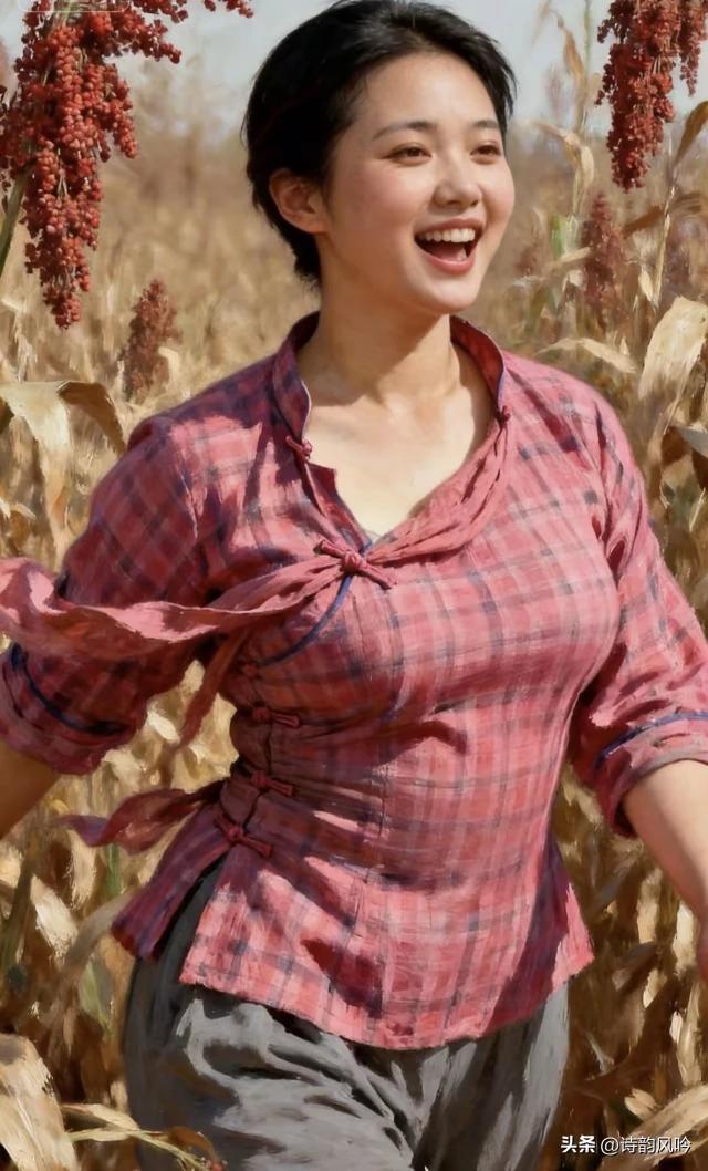 高粱红透染秋光，
俏立田头笑靥扬。
布袄沾尘心自净，
丰收时节喜羊羊。