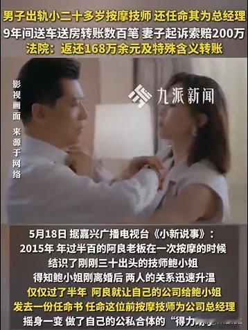 浙江，老板按摩邂逅女技师，两人一起后，任命她为公司高管，赠房、赠车、赠款后与发妻