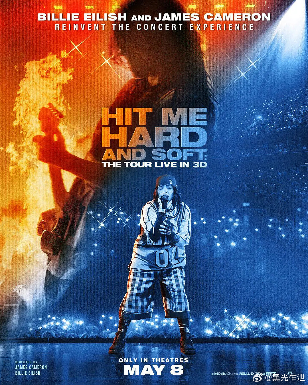 《比莉·艾莉什：温柔重击巡回演唱会3D电影》发布正式海报。詹姆斯·卡梅隆与Bil