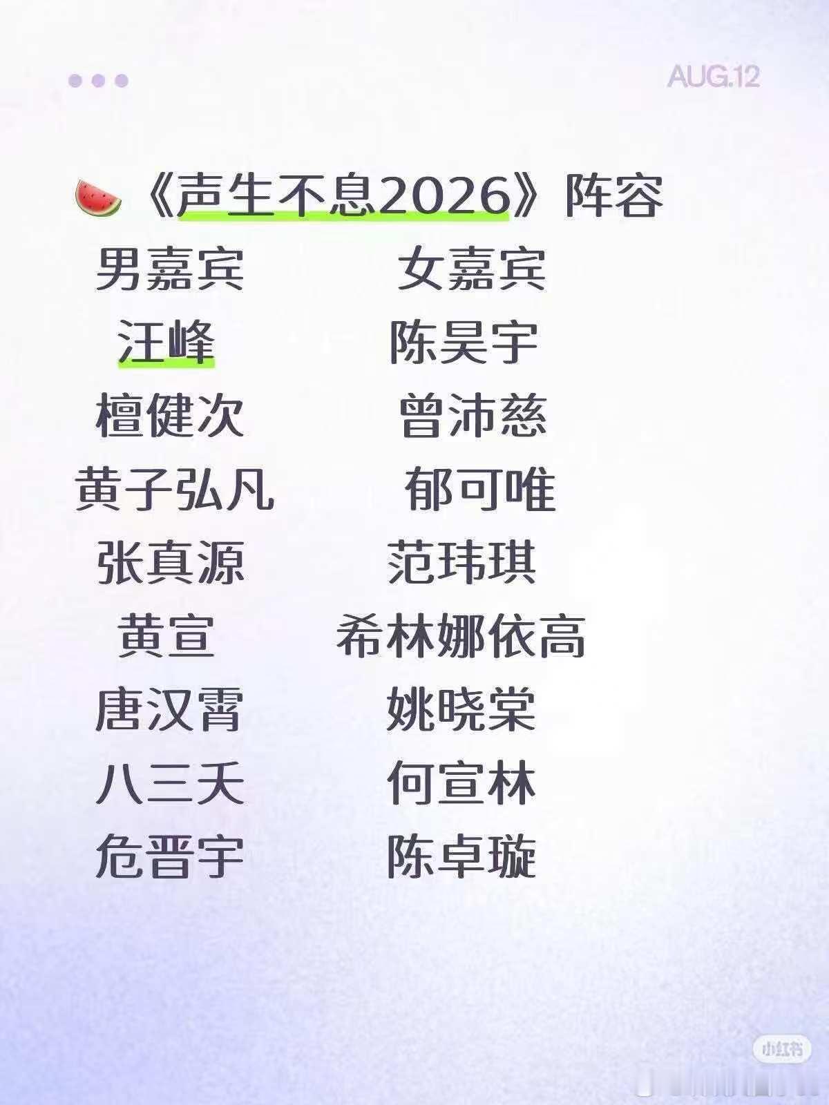 网传声生不息2026嘉宾阵容刷到网传的声生不息2026嘉宾名单，有不少自己很喜欢