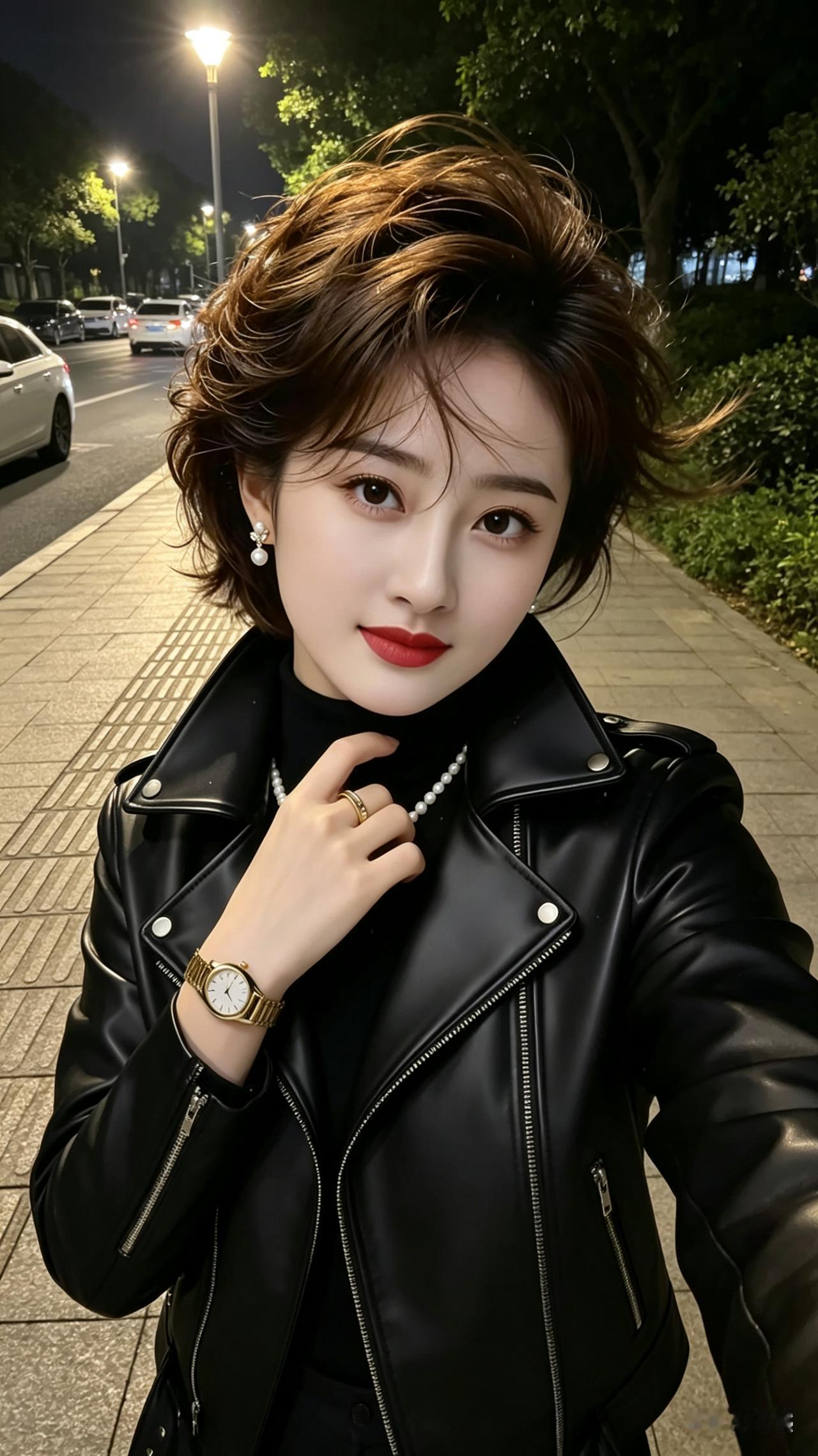 年轻女子夜间人行道自拍，发丝晚风微乱，唇色素雅眼眸清亮，身后路灯暖光、行道树与马