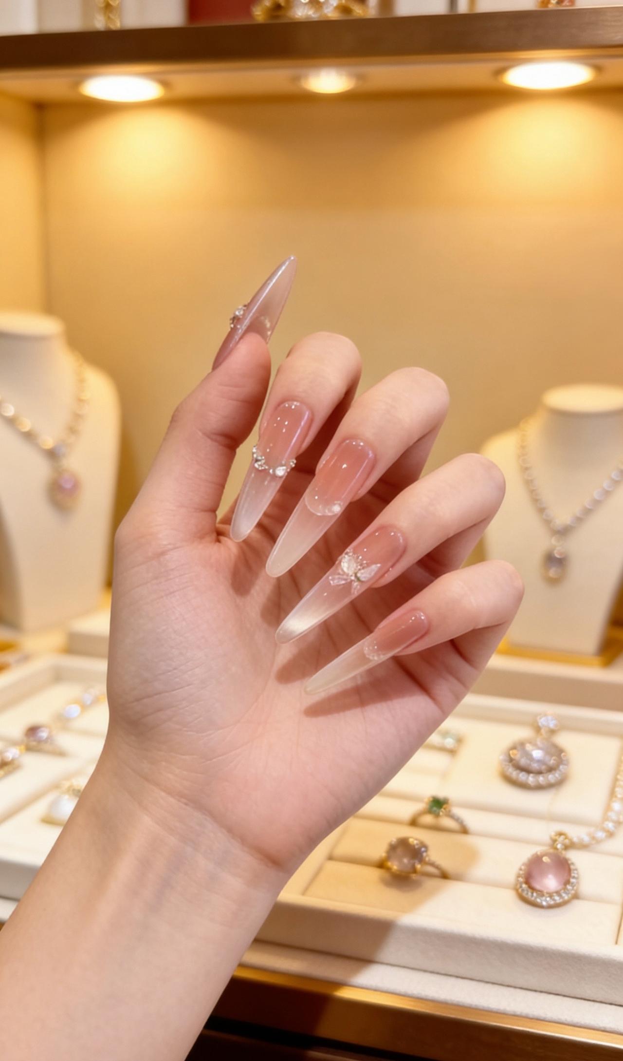 美甲分享 温柔长款美甲 穿戴甲 显白美甲 裸色系美甲