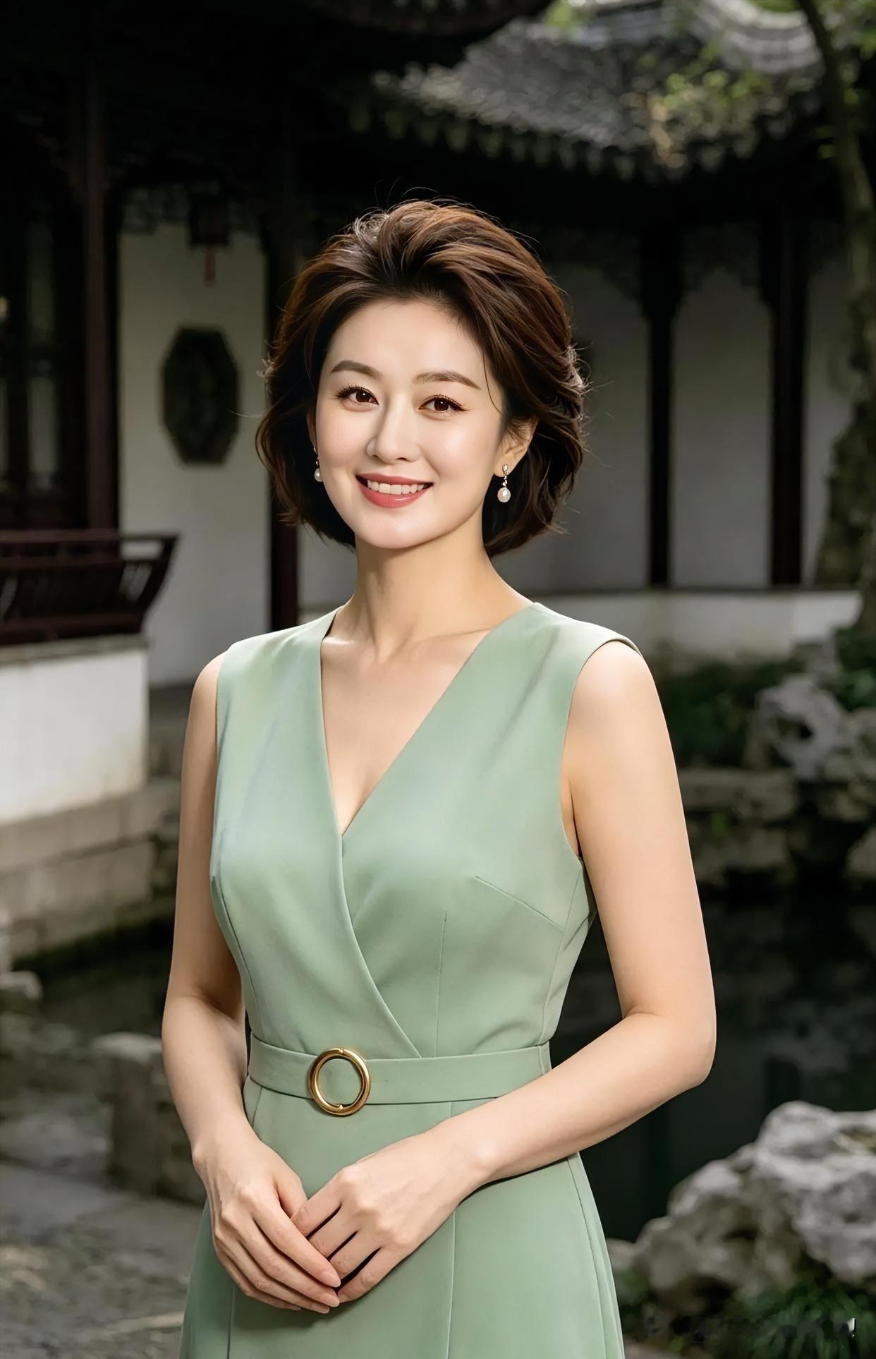 【散文诗·翠影兰心】

青石庭院间，她一袭薄荷绿，温婉如春水。短发轻扬，笑意盈盈
