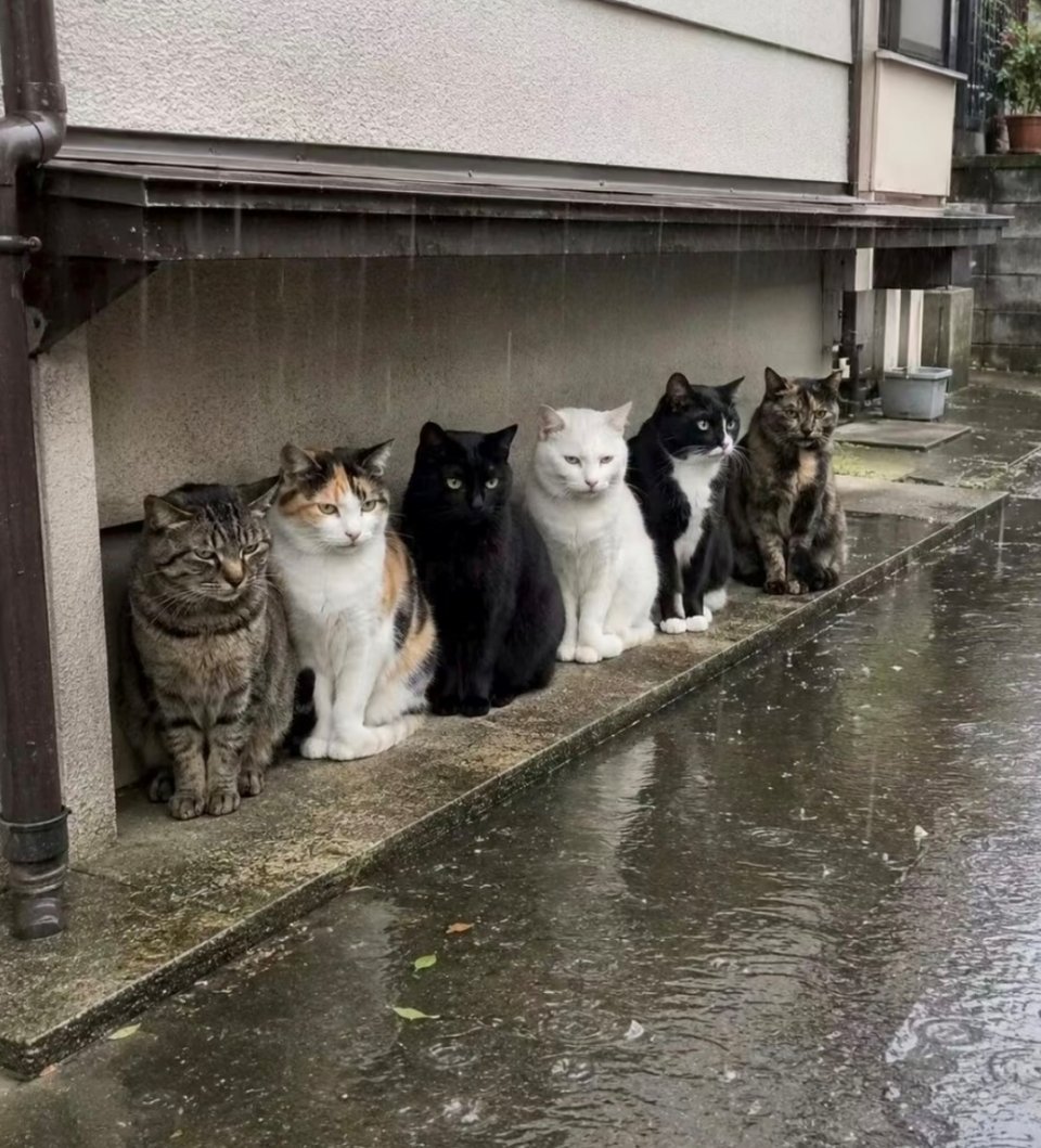 每一只猫猫都在愁啊，这雨啥时候停啊？麻麻还等我回家吃饭呢。 ​​​