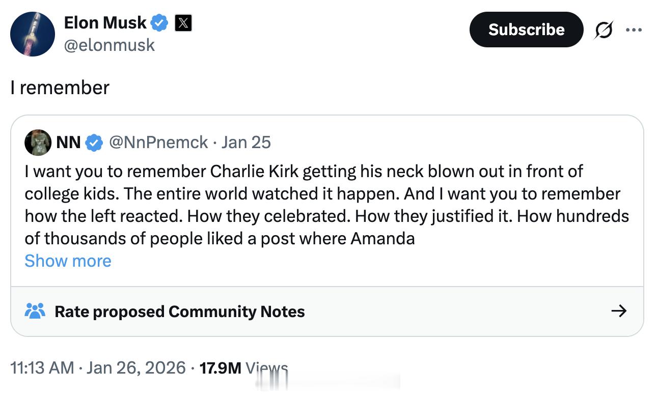 被马斯克转发的贴文：请记住，Charlie Kirk是在一群大学生面前被人打中脖