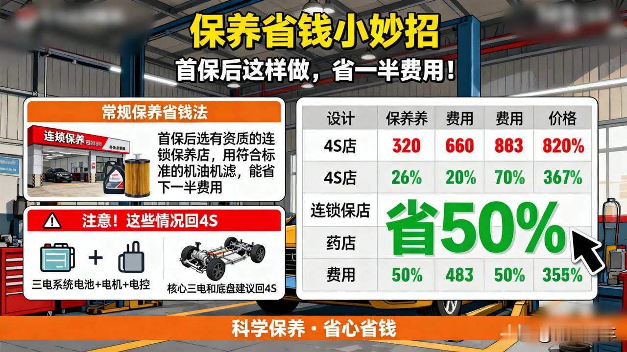 保养省钱小妙招

首保后，不必非去4S店。选择有资质的连锁保养店，用符合标准的机