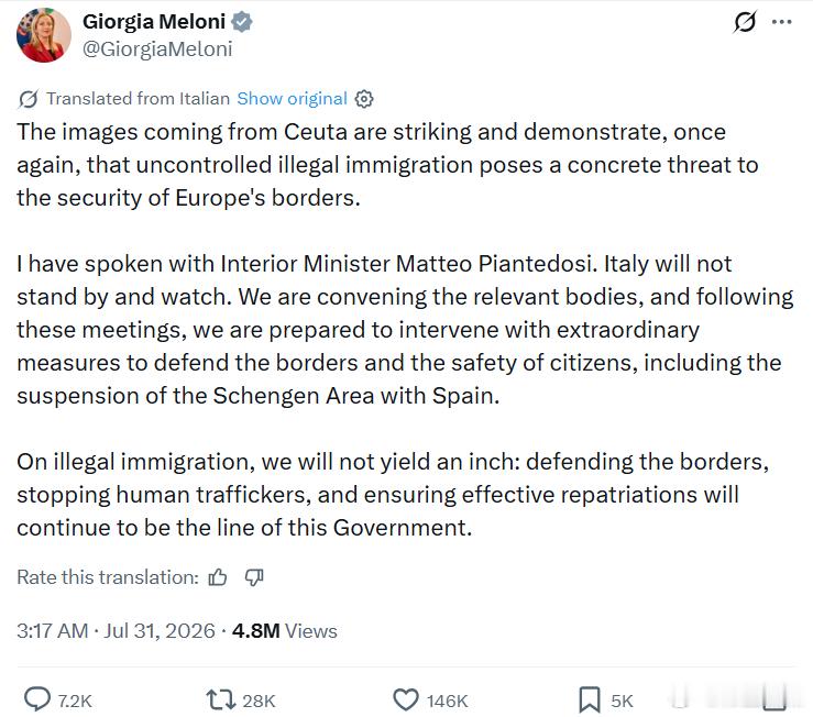 意大利总理梅洛尼：来自休达（Ceuta）的画面令人震惊，再次表明，不受控制的非法