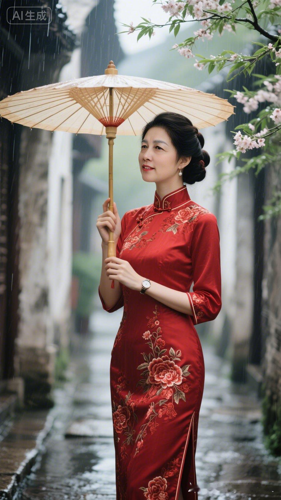 雨中漫步，红衣美人撑伞漫步在古巷，韵味十足。