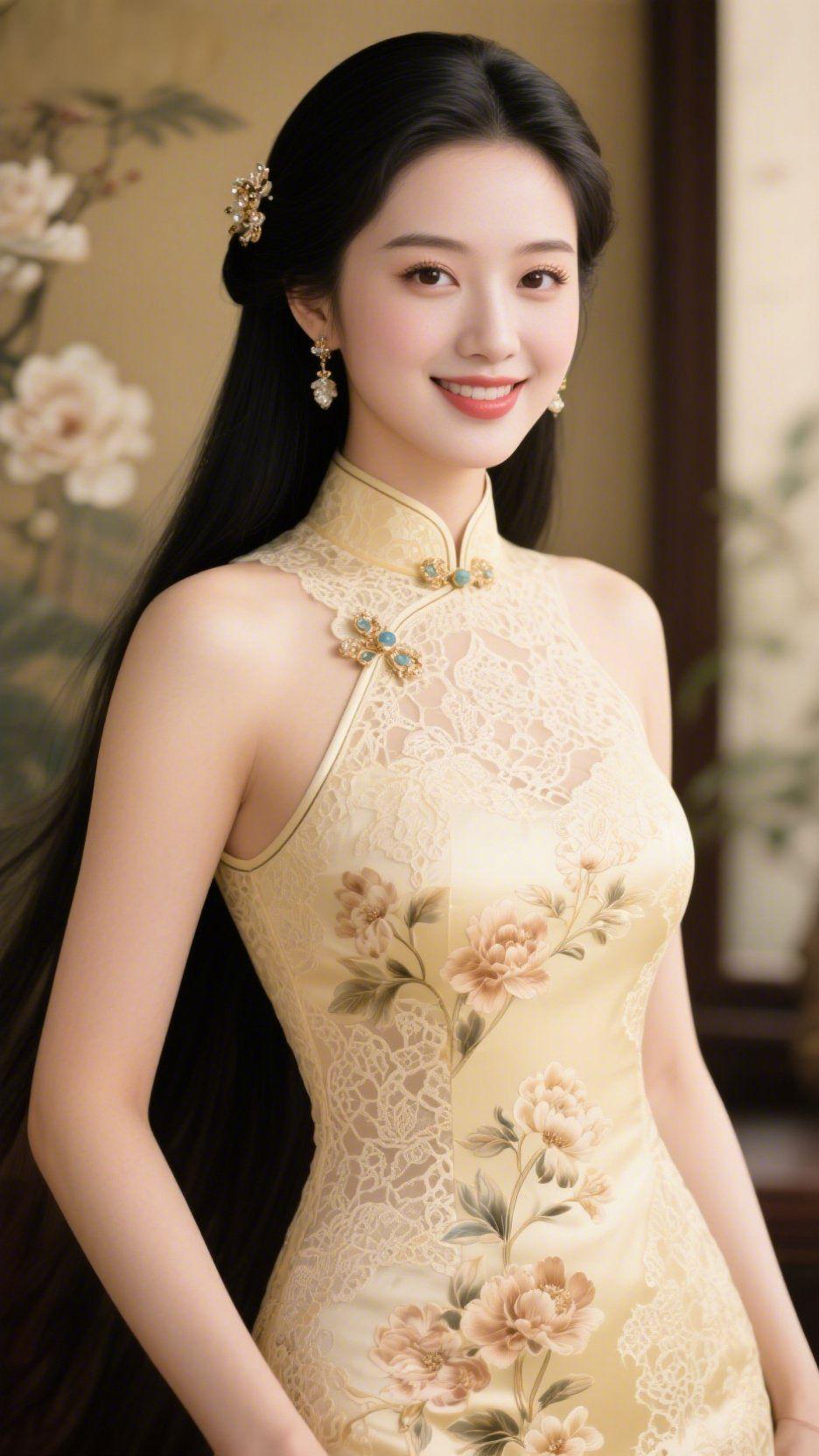 雅韵藏芳华
 
米黄调旗袍晕染着东方的温婉，蕾丝的细腻肌理与牡丹纹样相映成趣，精