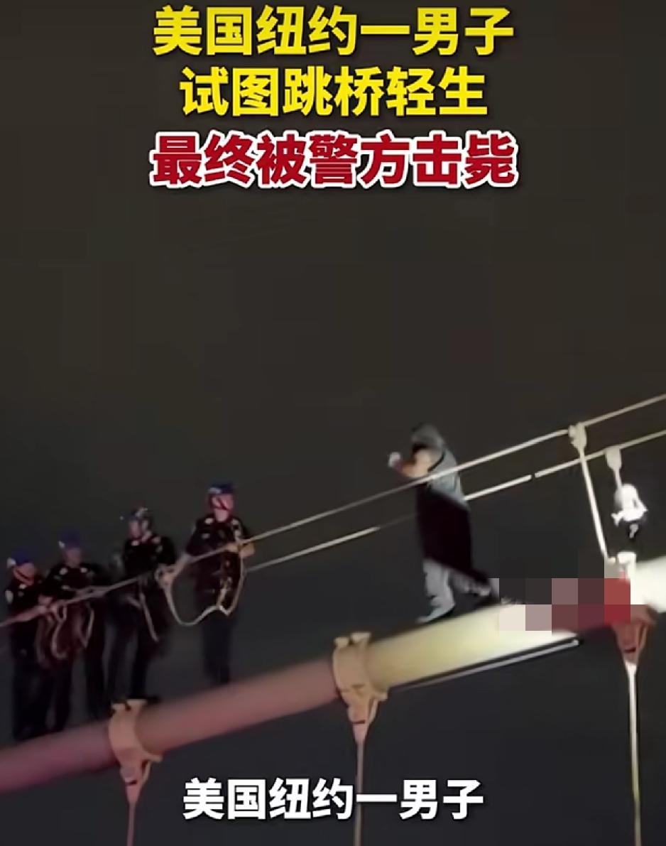 美国纽约一男子试图跳桥轻生，结果警察营救途中，该男子因手持刀具威胁到了一名警员的