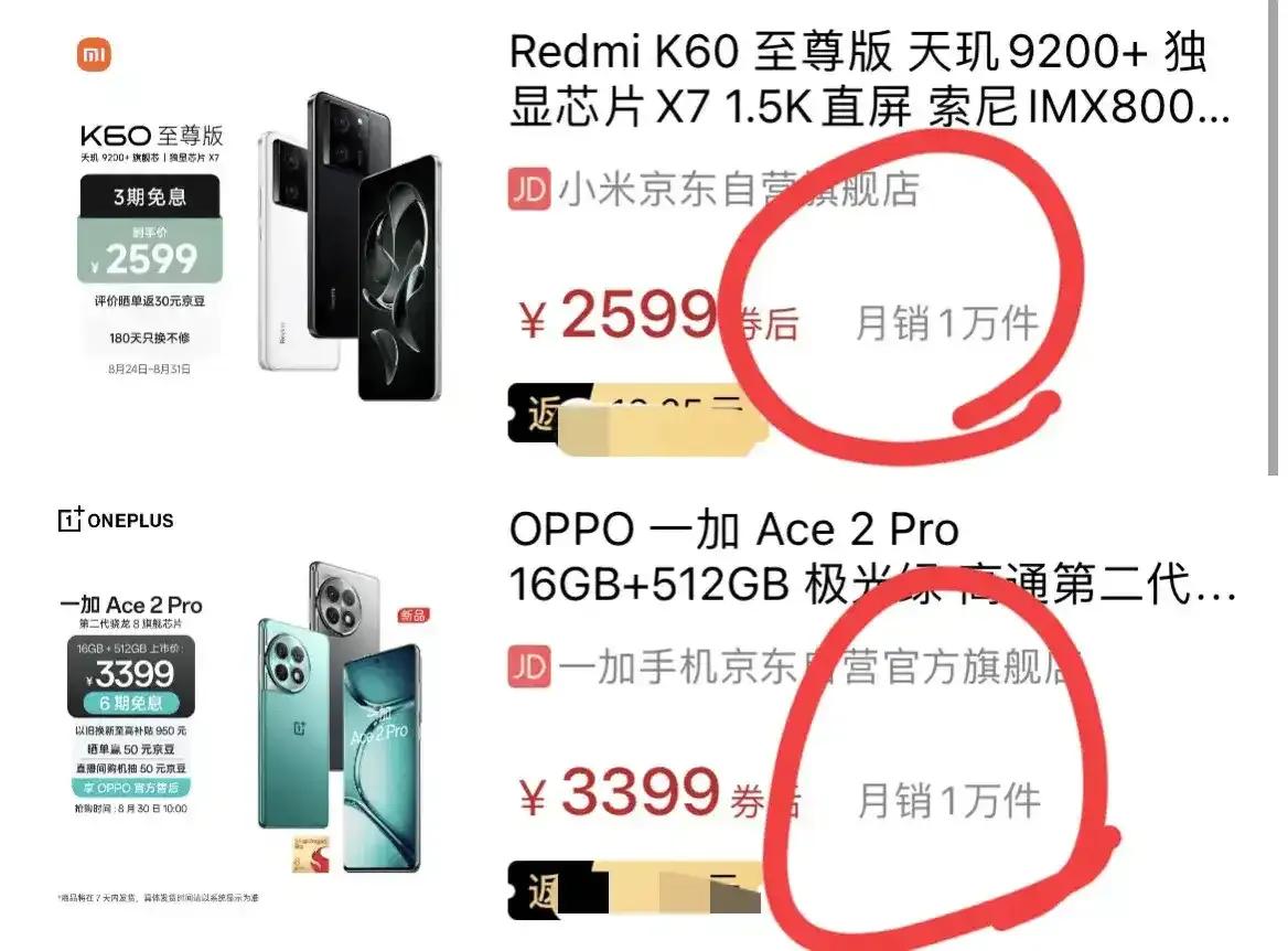 红米K60至尊版和一加Ace2 Pro两者在销量上打了个平手，每月销量都超过1万