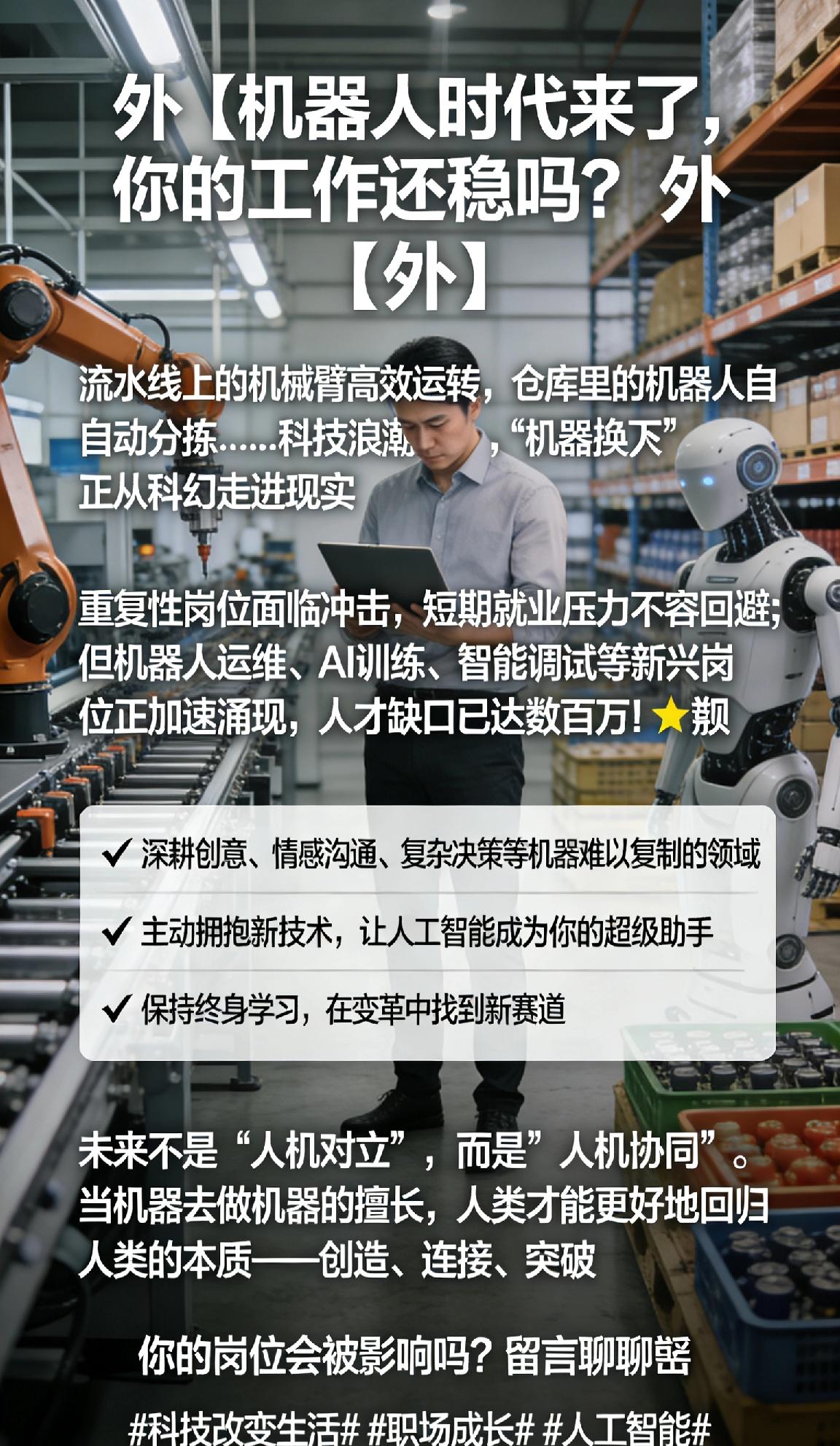 🤖【机器人时代来了，你的工作还稳吗？】🤖

流水线上的机械臂高效运转，仓库里