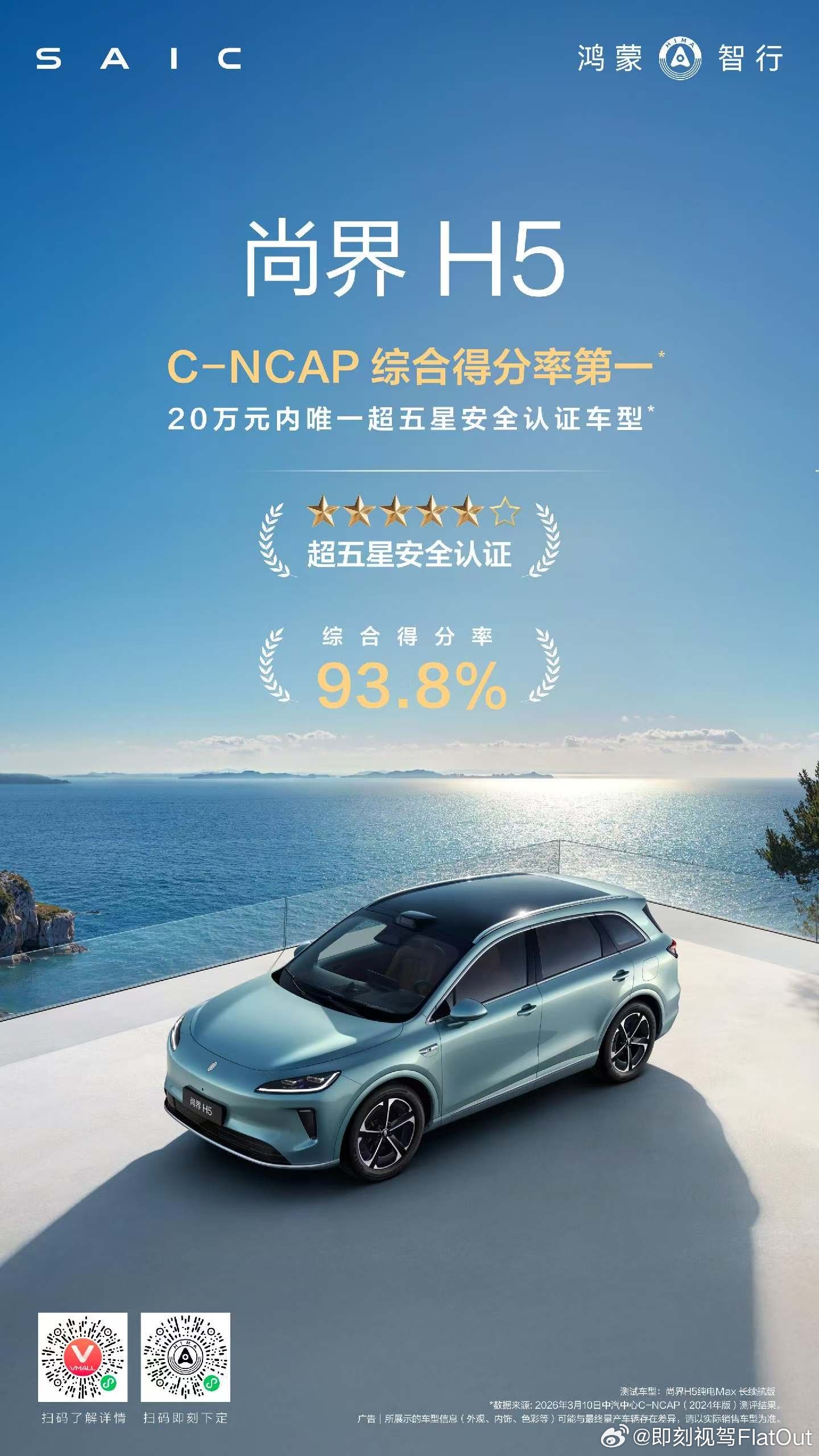 尚界H5 C-NCAP （2024年版）综合得分率93.8%乘员保护得分率98.
