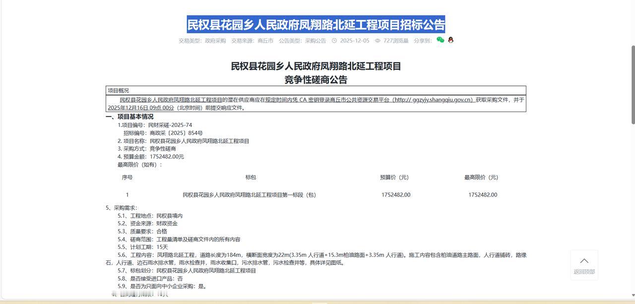 民权县花园乡人民政府凤翔路北延工程项目招标公告，预算175.2万元