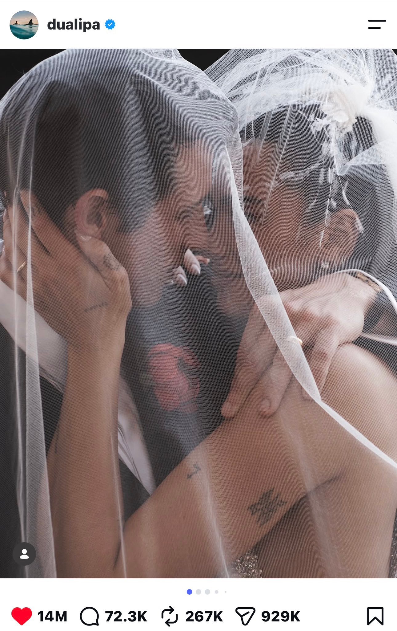 DuaLipa  的第二篇婚礼帖子现已成为她最受欢迎的 Instagram 帖，