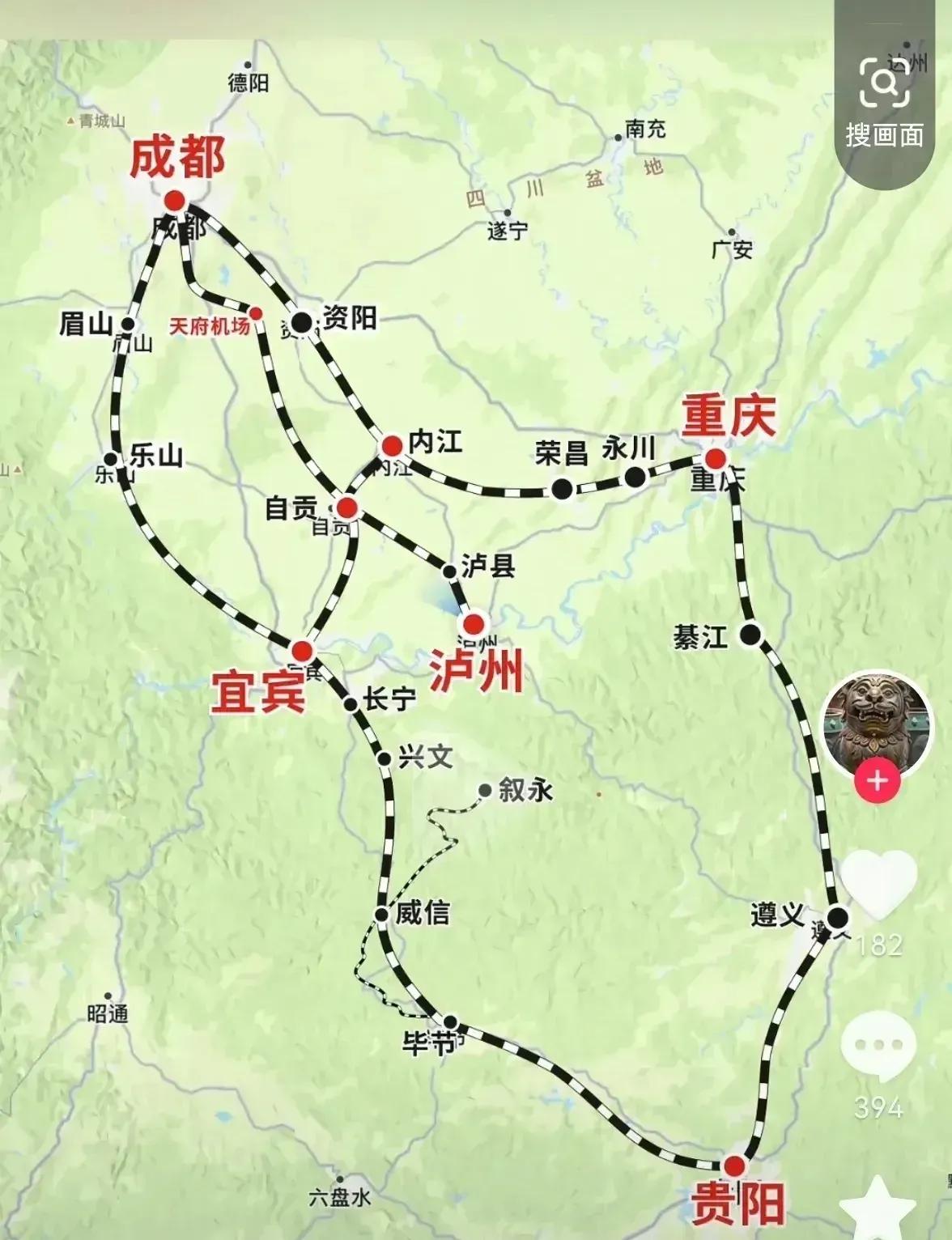 看了这张高铁图，感觉泸州被孤立了呢？

泸州到重庆，宜宾到重庆，泸州到遵义和泸州