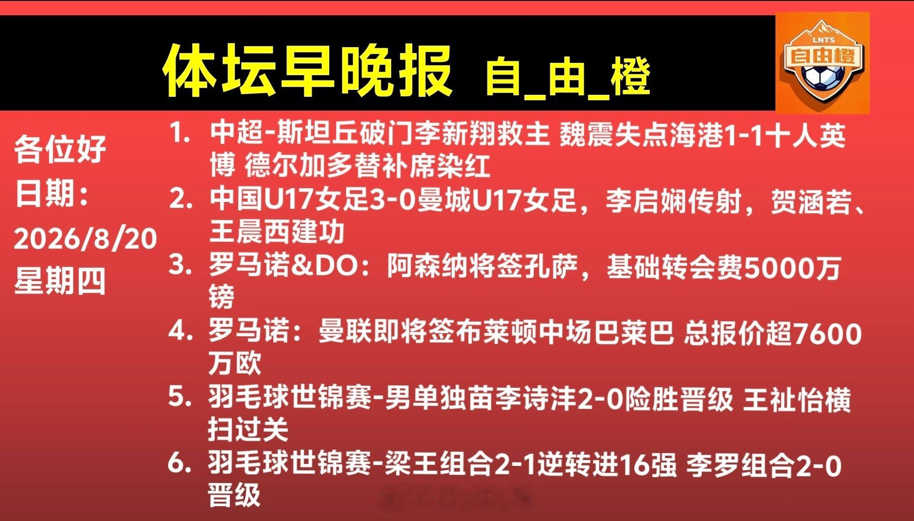 自由橙每日橙语体坛早晚报