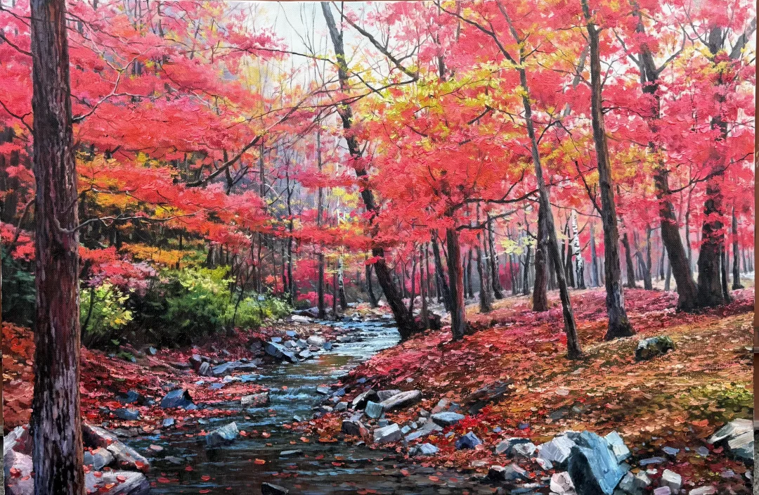 来自于安德烈耶维奇的作品/蛟河红叶谷 画作尺寸80/120 清浅溪流穿...