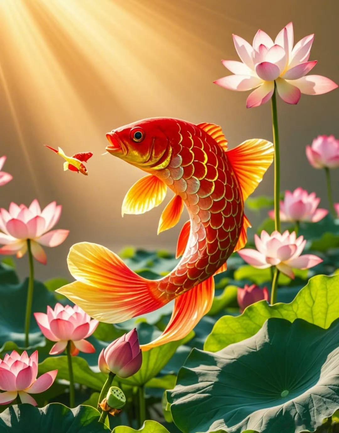 锦鲤戏莲花，见者好运连连。点赞，把好运收入囊中吧。 
