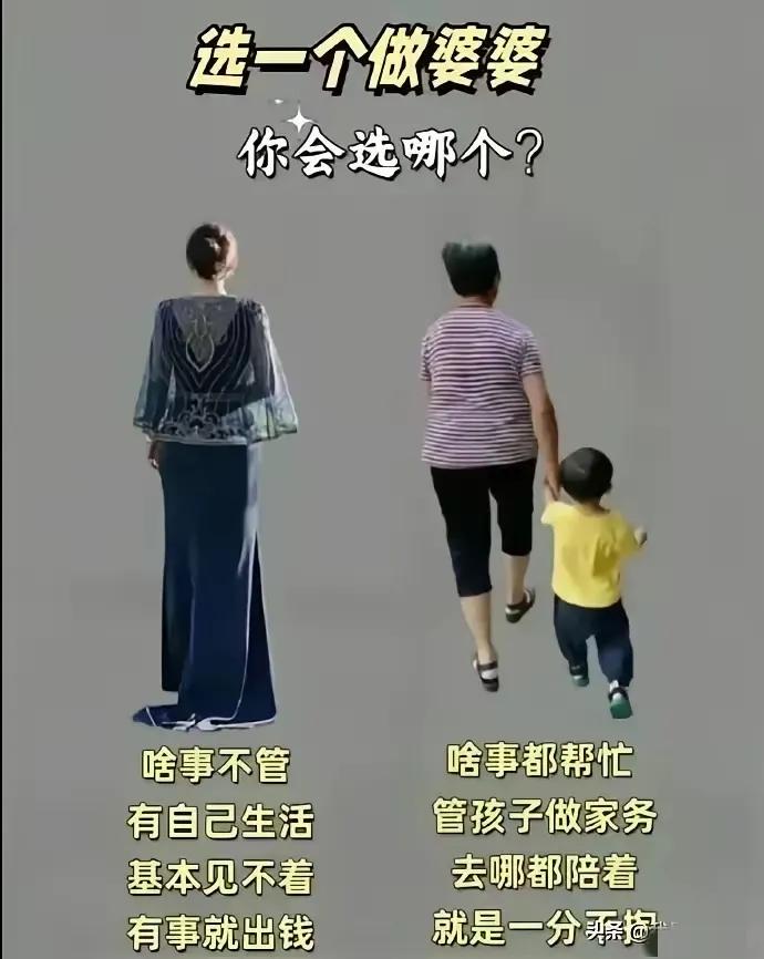有两种婆婆。你会选哪一个？
一个什么都不管，有事就出钱。
一个什么都帮忙，就是没