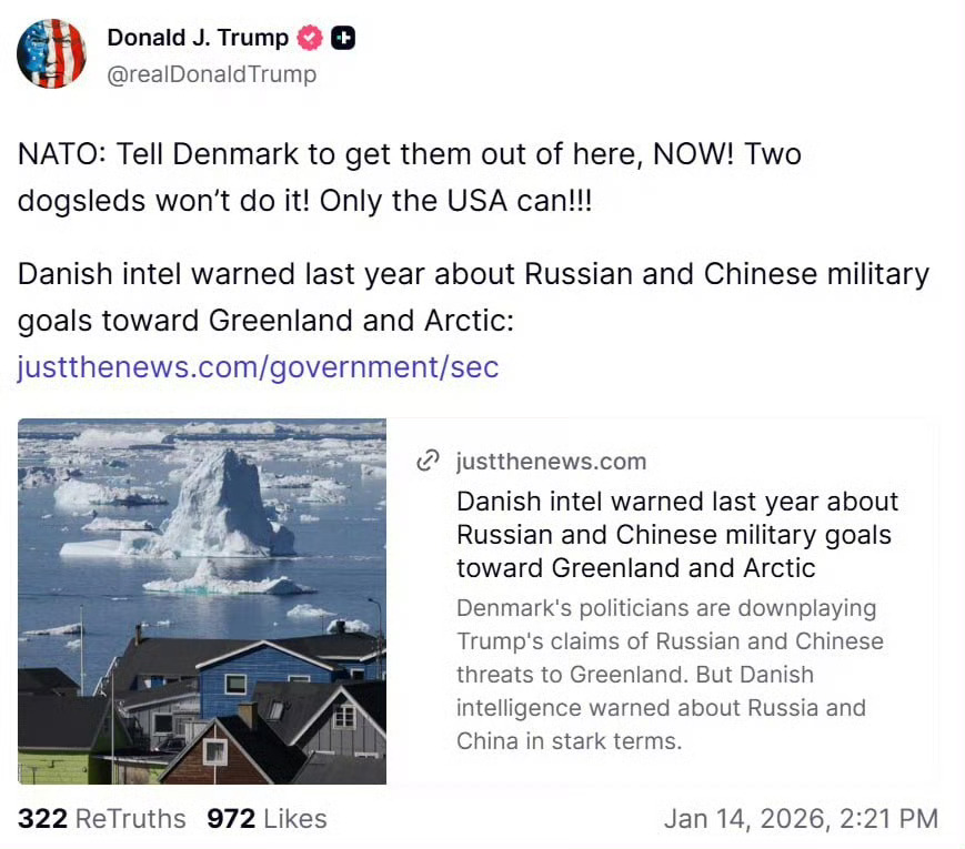 特朗普昨天发文"…北约: 告诉丹麦立刻滚出格陵兰岛！俩狗拉雪橇不够！保护格陵兰岛