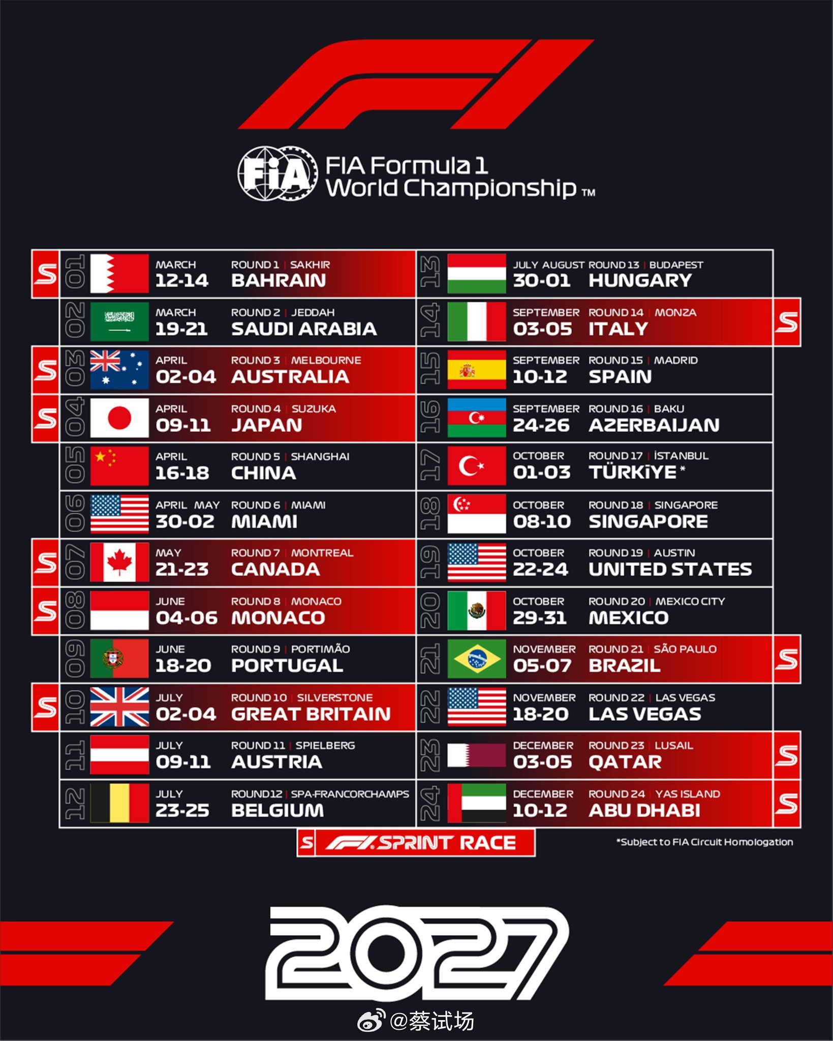 F1 2027赛历。跟纽博格林24小时耐力赛不冲突。所以你懂的。中国站4月16-