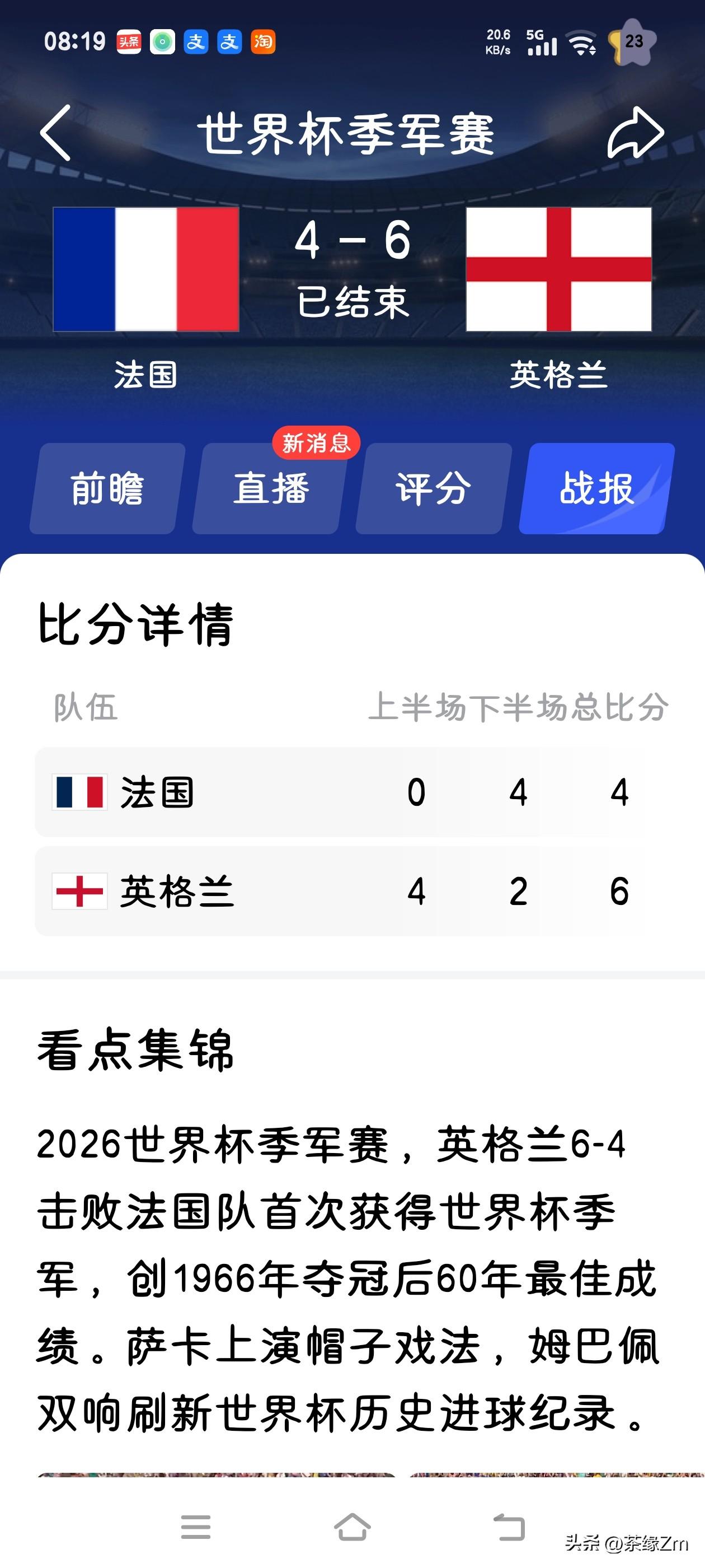 法国和英格兰4：6的比分有点意外、这场球我没看、早晨一醒来就迫不及待的打开手机、