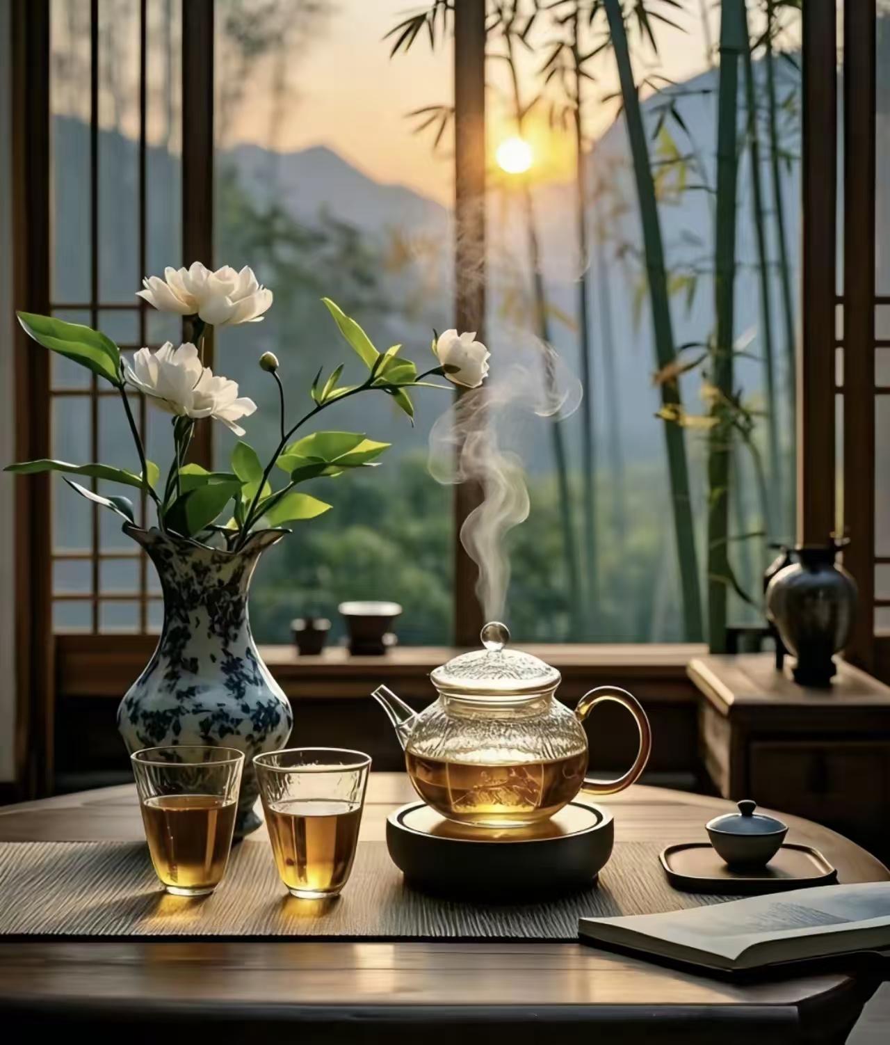 水仙子·竹窗茶叙
竹摇窗牖送晴柔，
茶绕书案韵意留。
青花贮雪清氛透，
素蕊香破