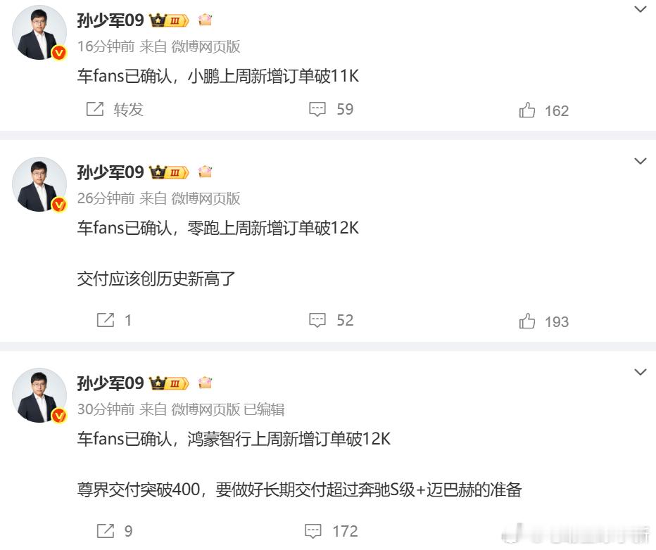 分享上周新增订单数据：- 零跑破 12K- 鸿蒙智行破 12K- 小鹏破 11K