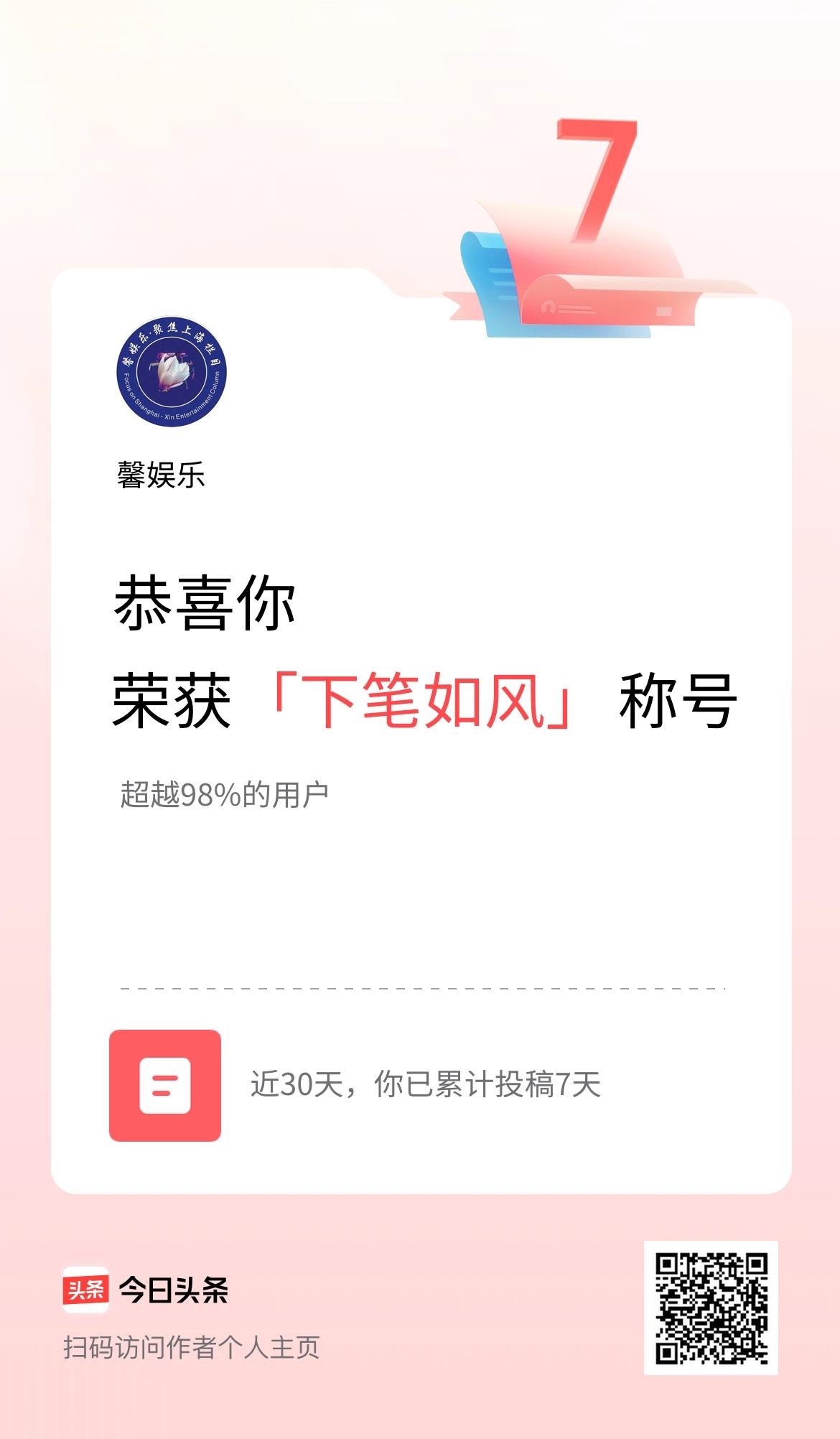 我在头条30天内投稿打卡7天，获得“下笔如风”称号馨娱乐根据你的描述，你在今日头