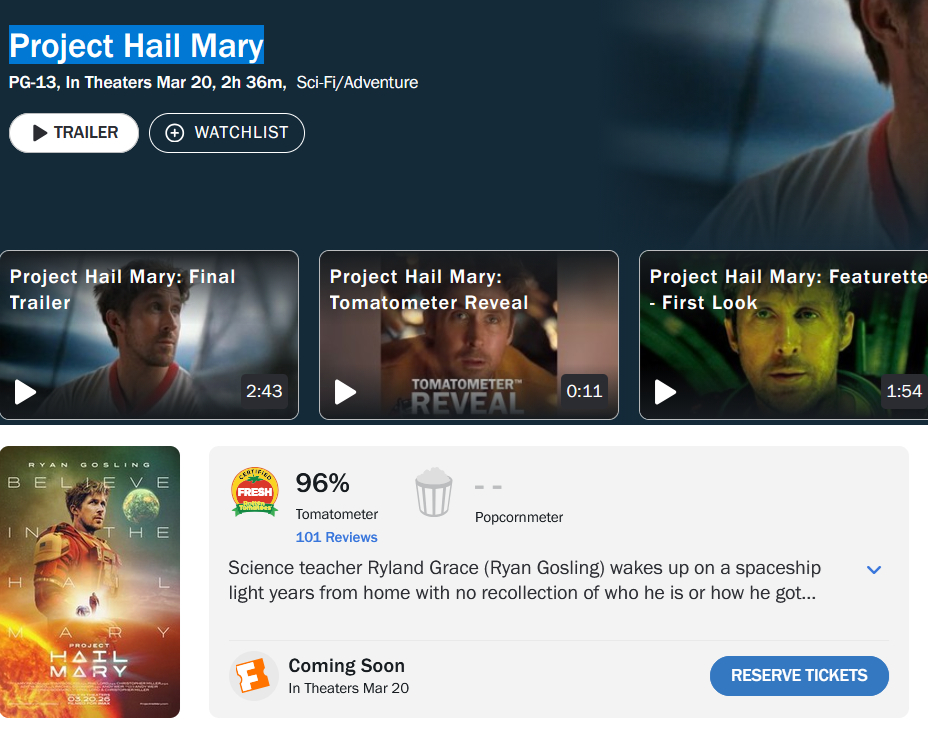 瑞恩·高斯林与桑德拉·惠勒主演的科幻电影《挽救计划》海外口碑已爆：烂番茄开分96