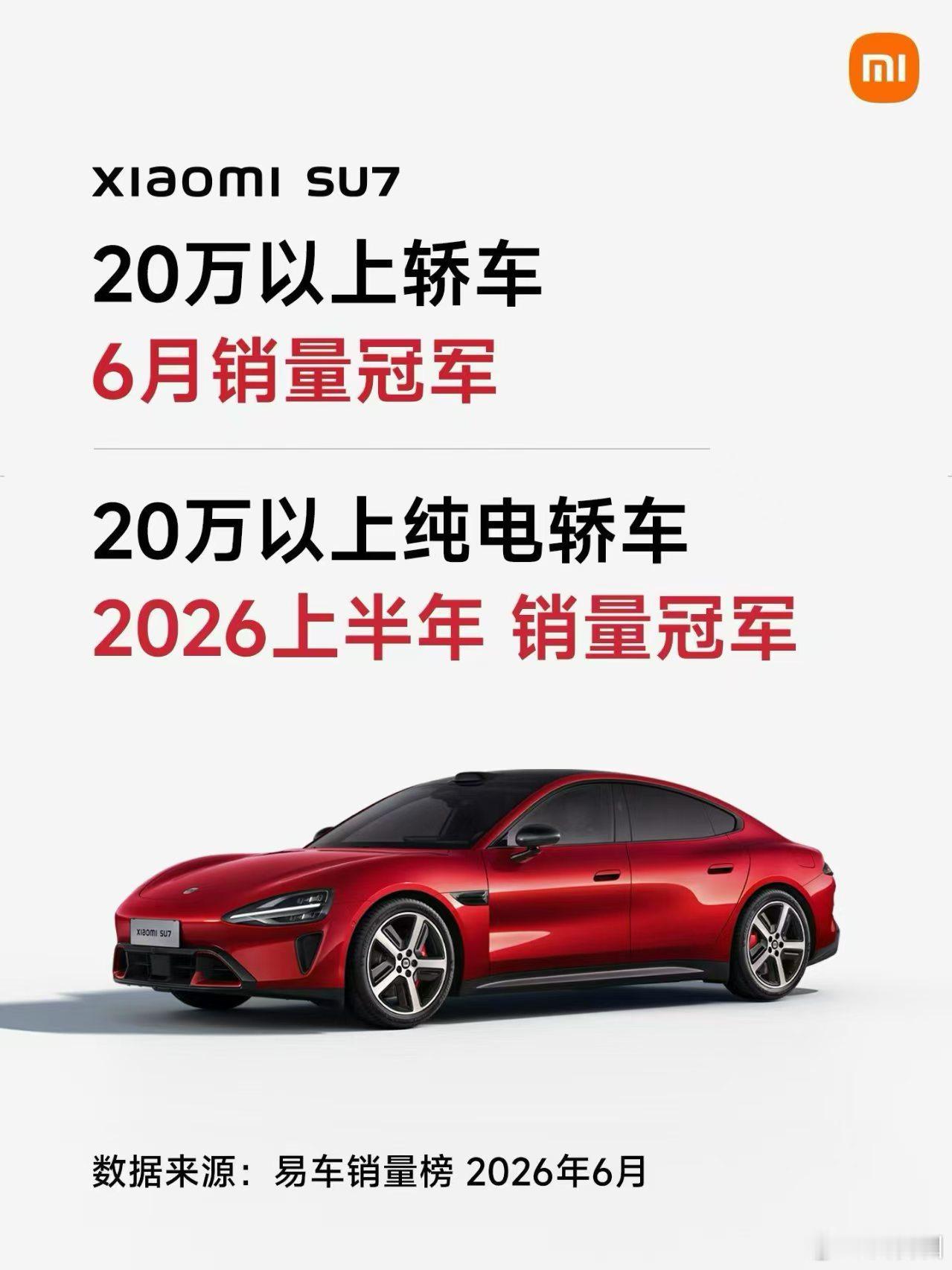 小米SU7成20万以上轿车6月销量第一20万以上纯电轿车，看看小米SU7