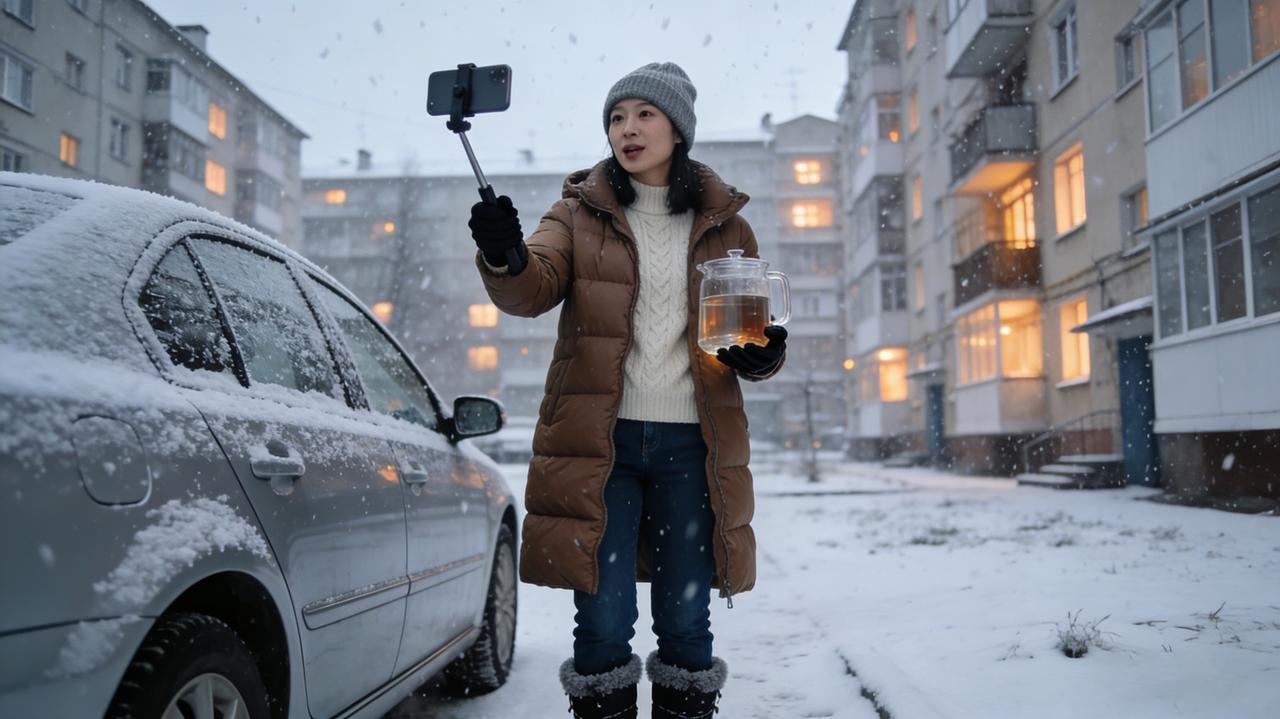 一女子无视热胀冷缩常识，不信开水浇冻车窗会炸裂，竟为博流量拍视频，在楼下随意找了